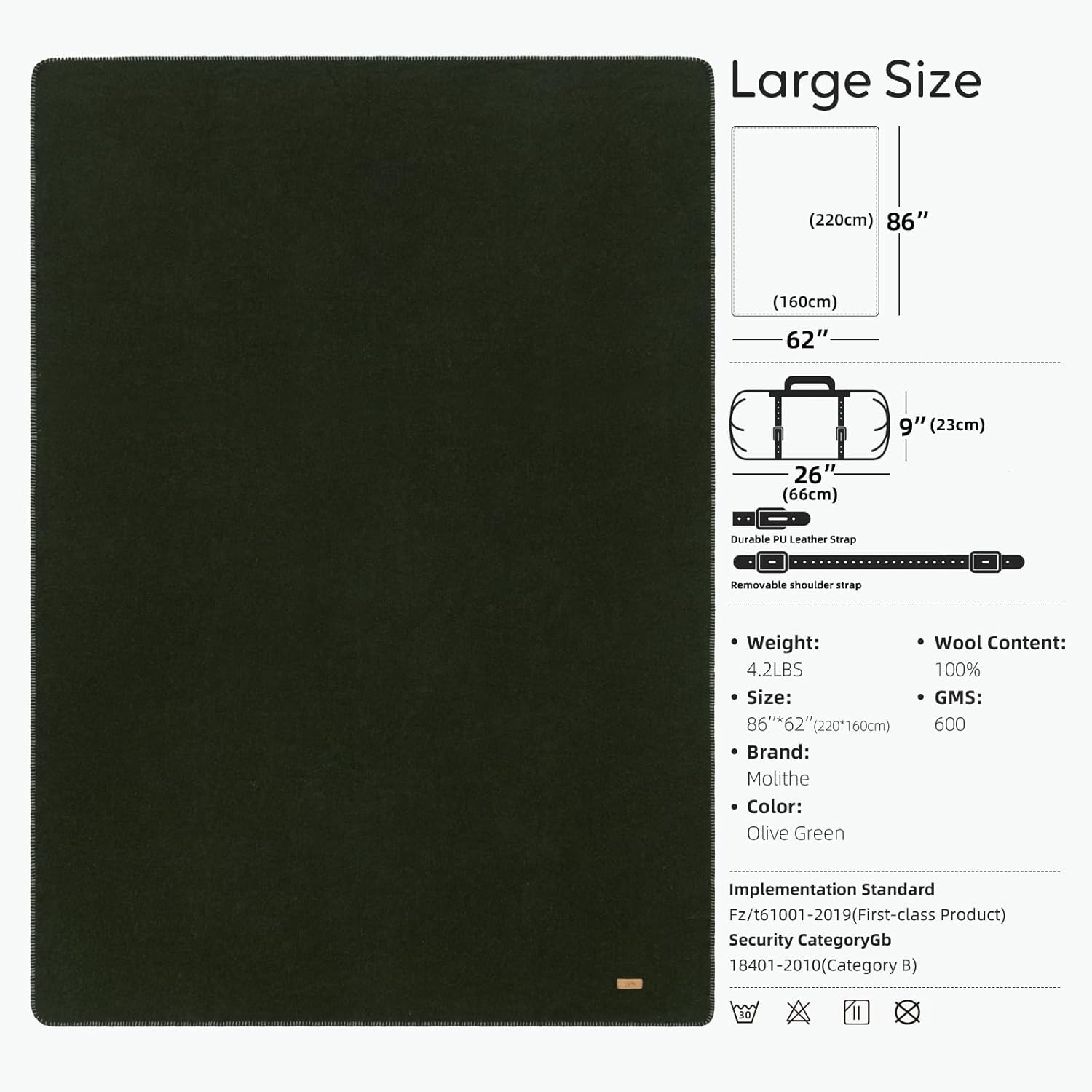 Molithe 100% Wool Blanket, 62" x 86", Warm, Thick, Washable, Military Wool Blanket, Great for Camping, Outdoors, Sporting Events, Survival Kits - Image 6