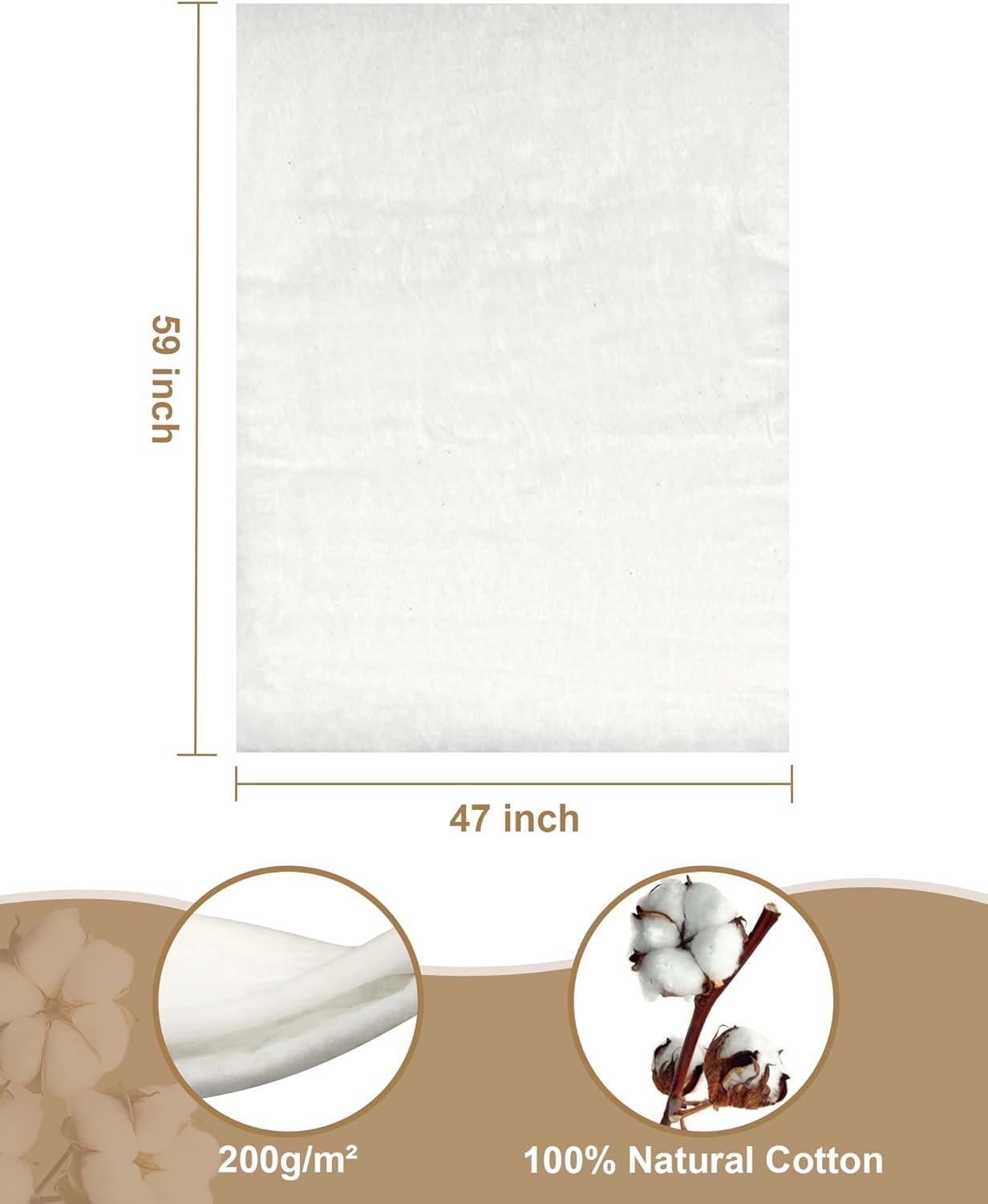 PLANTIONAL Natural Cotton Batting for Quilts: 47-Inch x 59-Inch Light Weight Purely Natural All Season Quilt Batting for Quilts, Craft and Wearable Arts