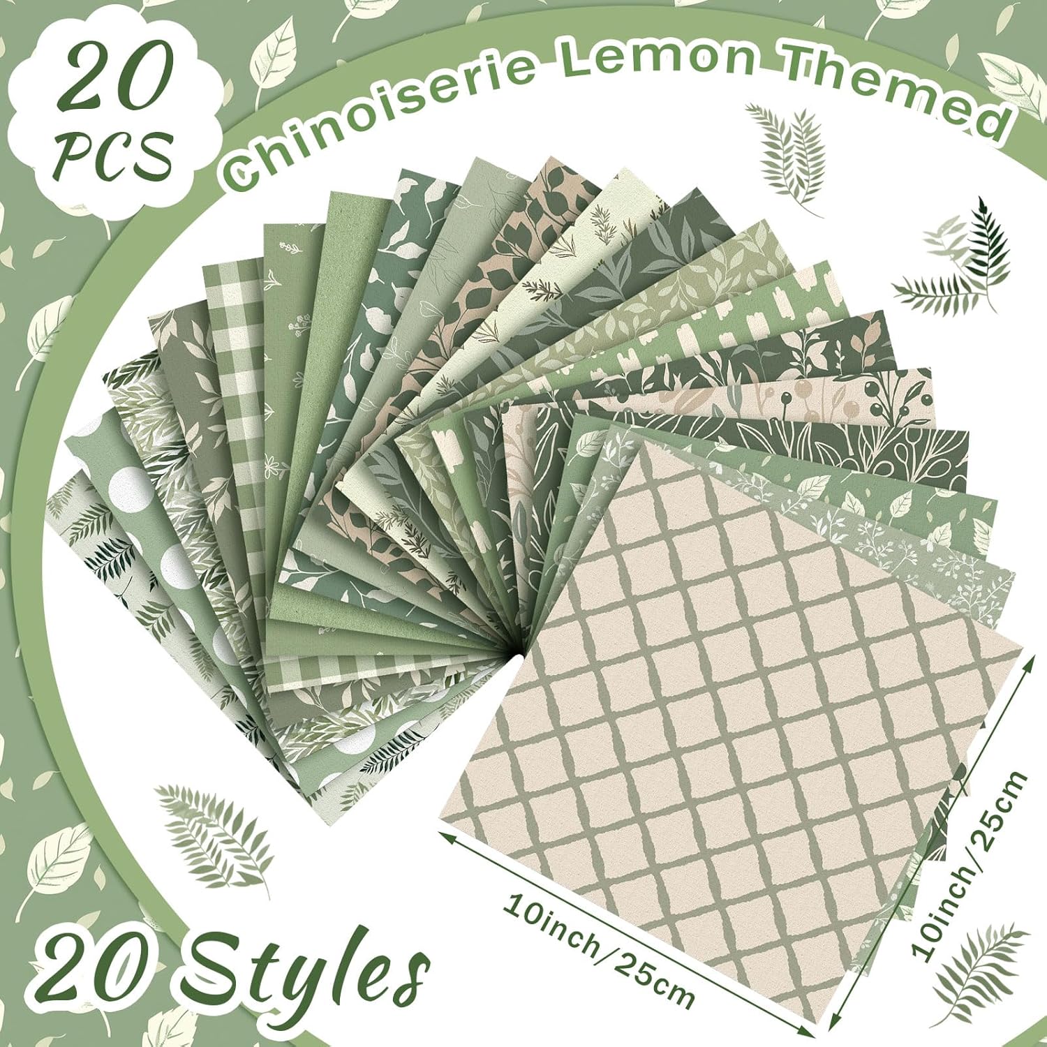 HunnmingRe 20 Pcs 10''x10'' Sage Green Quilting Fabric Square Greenery Precuts Quilted Fabric Bundle Gingham Polka Dot Spring Leaves Printed Sewing Material for Holiday Patchwork DIY Craft Supplies