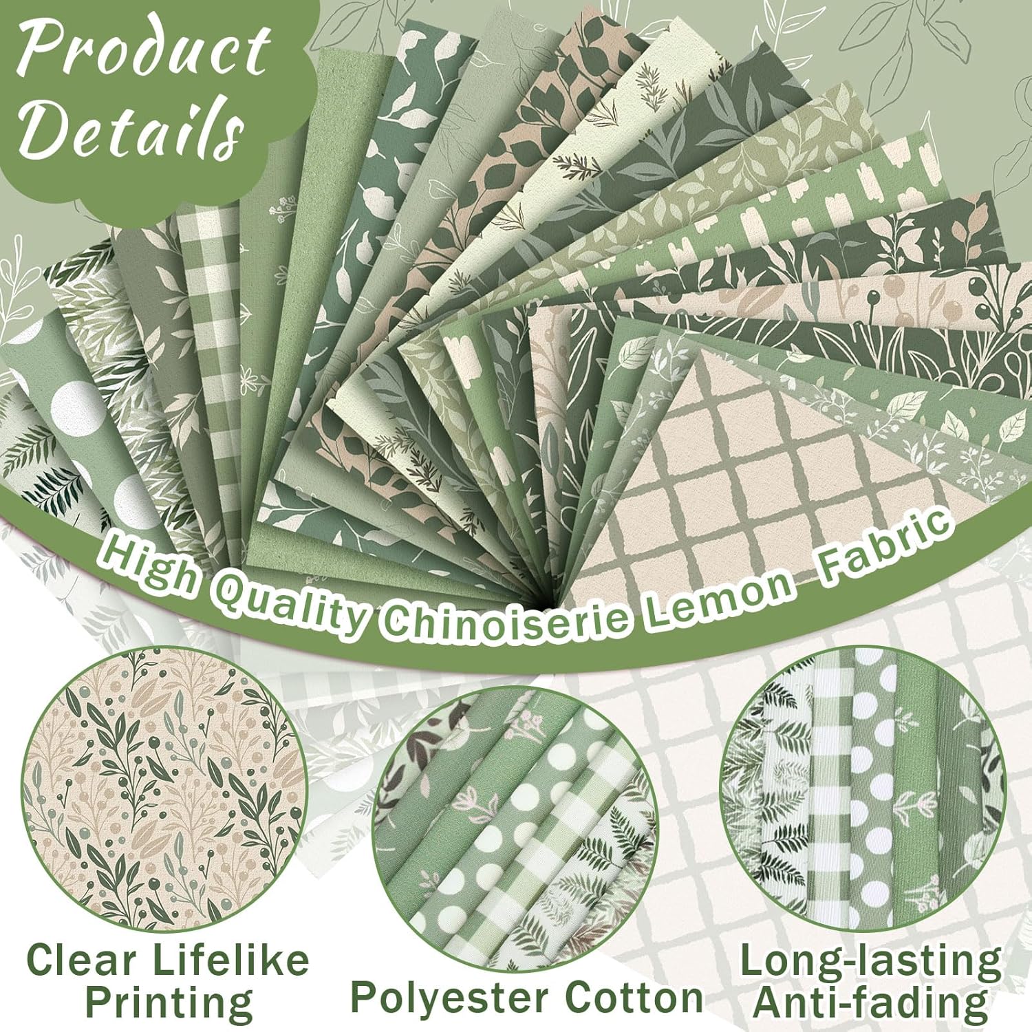 Alternative view of HunnmingRe 20 Pcs 10''x10'' Sage Green Quilting Fabric Square Greenery Precuts Quilted Fabric Bundle Gingham Polka Dot Spring Leaves Printed Sewing Material for Holiday Patchwork DIY Craft Supplies