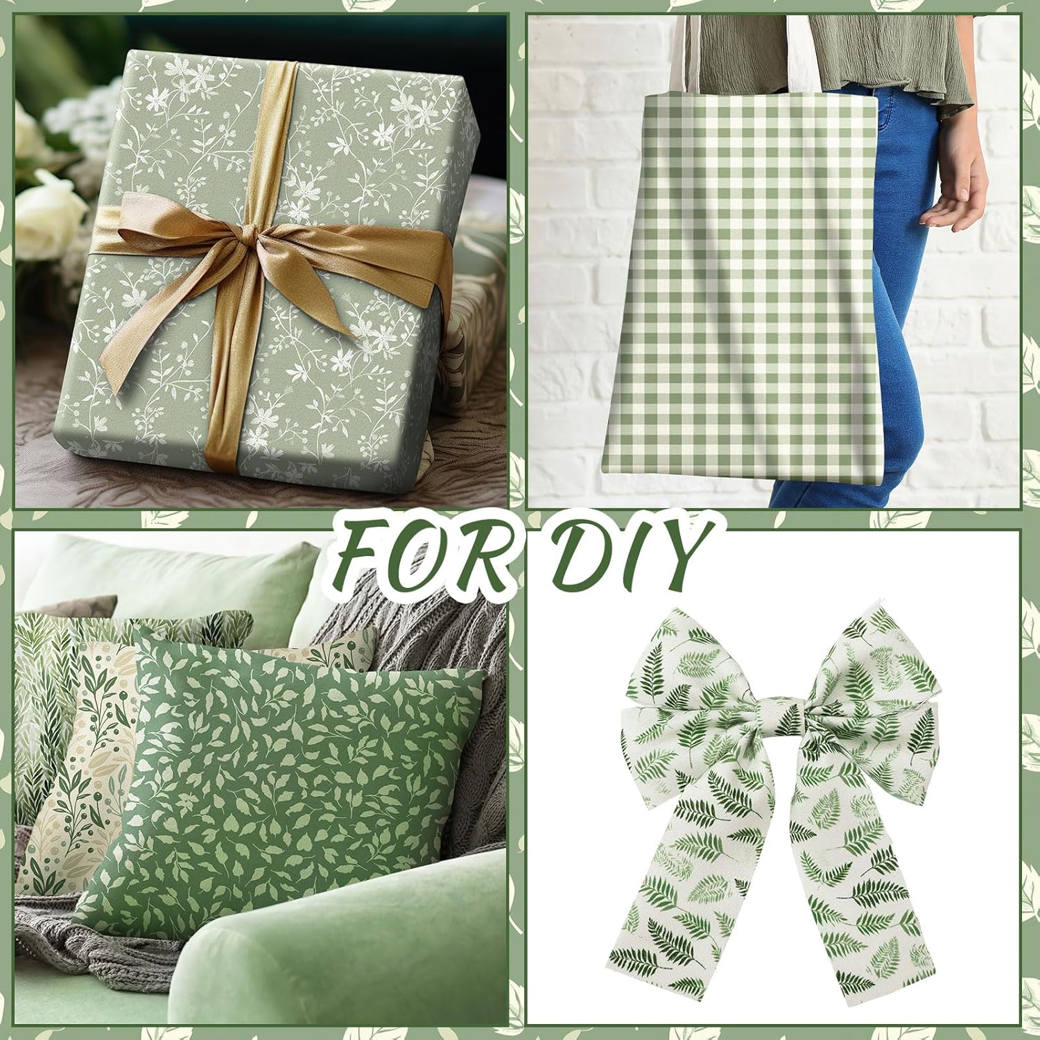 HunnmingRe 20 Pcs 10''x10'' Sage Green Quilting Fabric Square Greenery Precuts Quilted Fabric Bundle Gingham Polka Dot Spring Leaves Printed Sewing Material for Holiday Patchwork DIY Craft Supplies - Image 3