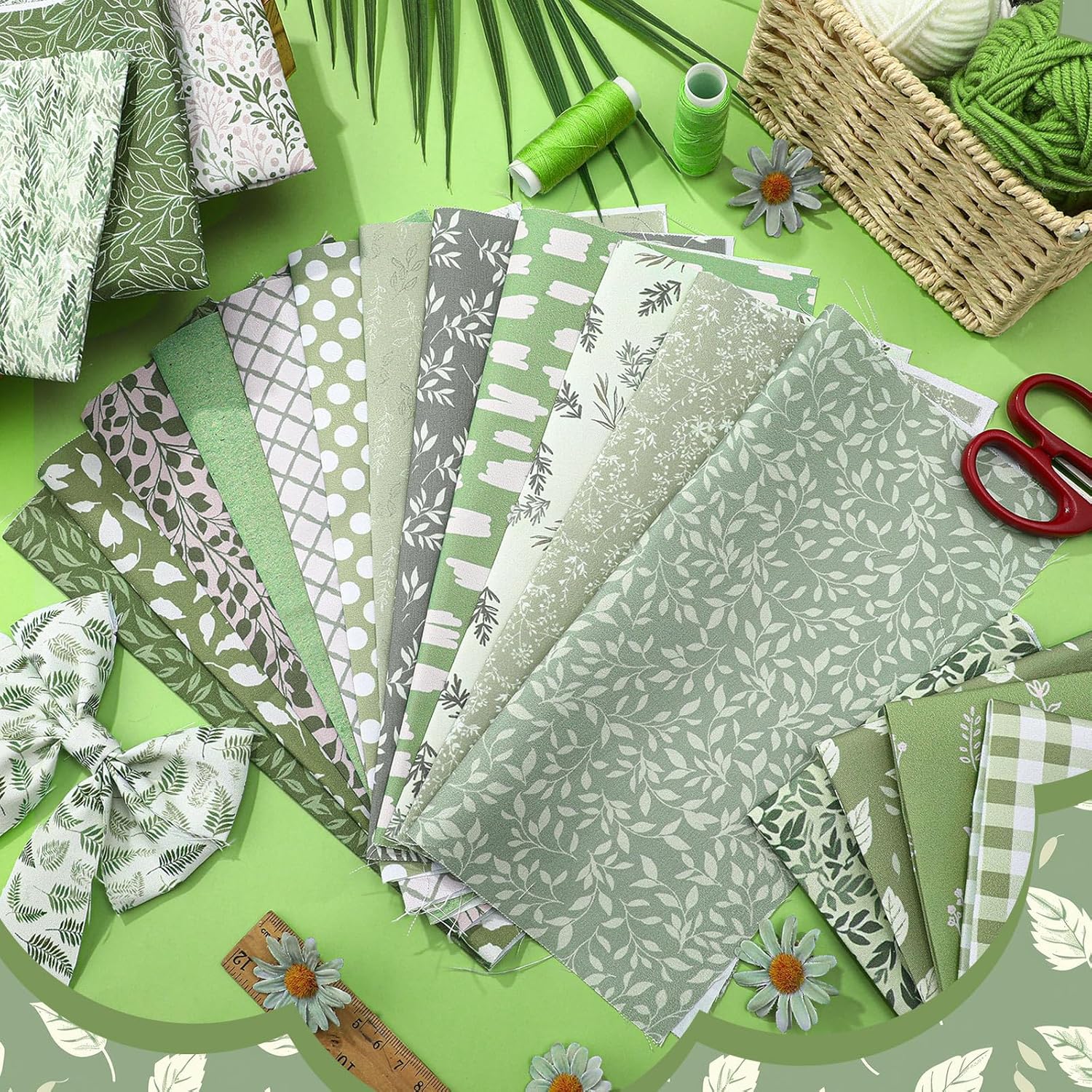 HunnmingRe 20 Pcs 10''x10'' Sage Green Quilting Fabric Square Greenery Precuts Quilted Fabric Bundle Gingham Polka Dot Spring Leaves Printed Sewing Material for Holiday Patchwork DIY Craft Supplies - Image 4