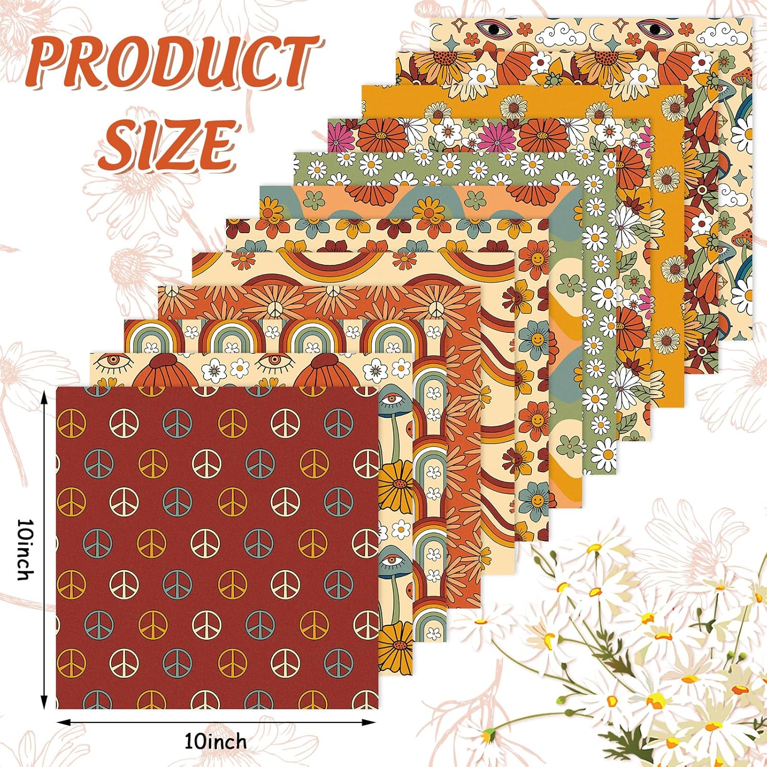 Whaline 12Pcs Retro Floral Cotton Fabric Bundles 10 x 10 Inch Hippie Groovy Boho Printed Fabric Square Boho Quilting Patchwork for DIY Handmade Crafting Home Party Decor