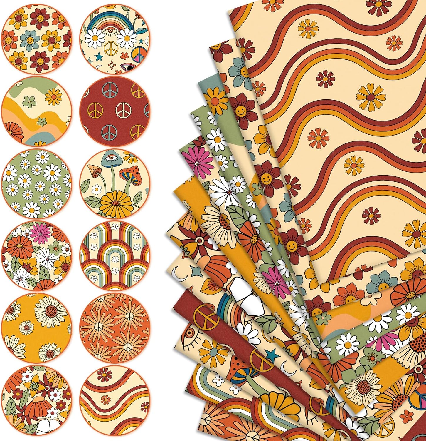 Alternative view of Whaline 12Pcs Retro Floral Cotton Fabric Bundles 10 x 10 Inch Hippie Groovy Boho Printed Fabric Square Boho Quilting Patchwork for DIY Handmade Crafting Home Party Decor