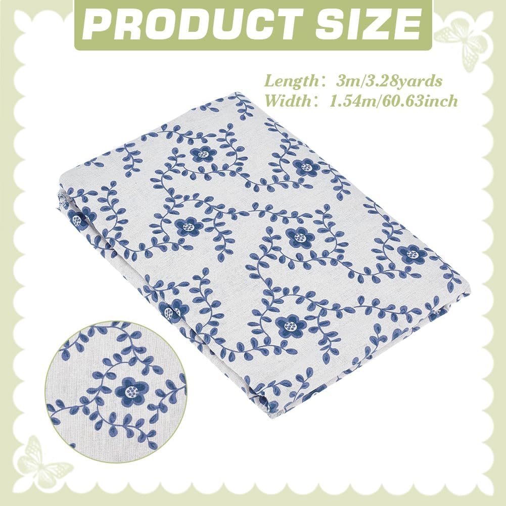 BENECREAT 3.17~3.3 Yards Linen Floral Fabric, 60 Inch Wide Decorative Fabric for Upholstery, Clothing Sewing and DIY Crafts, Blue & White