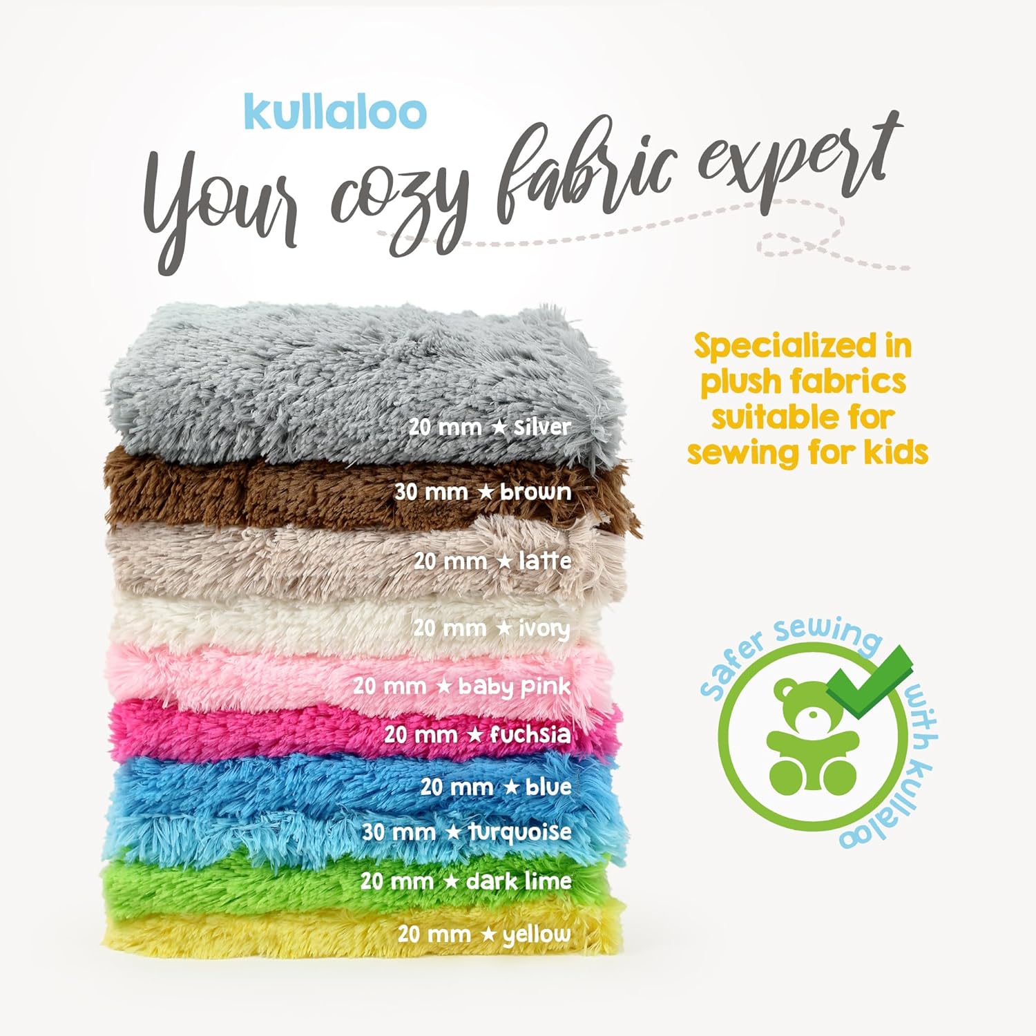 kullaloo Wool White Faux Fur Fabric [3/4 inch Pile, 20 mm] | Shaggy Plush Minky Fabric for Sewing | 39.5x29.5 (More Fabric Than Half Yard) | Ideal for Plushies, Crafts, Costumes, Upholstery | Ivory