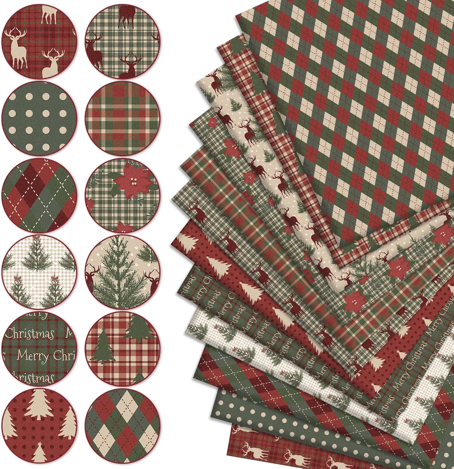 Alternative view of Whaline 12Pcs Cotton Fabric Bundles Woodland Poinsettia Reindeer Tree Printed Fat Quarters Plaid Xmas Sewing Fabrics for Christmas DIY Handmade Crafting, 18 x 22 Inch