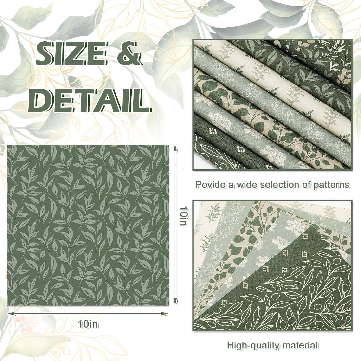 Alternative view of JarThenaAMCS 32Pcs Sage Green Floral Cotton Fabric Bundles 10 x 10 Inch Greenery Fabric Squares Eucalyptus Leaves Sewing Fabrics for DIY Craft Party Decor