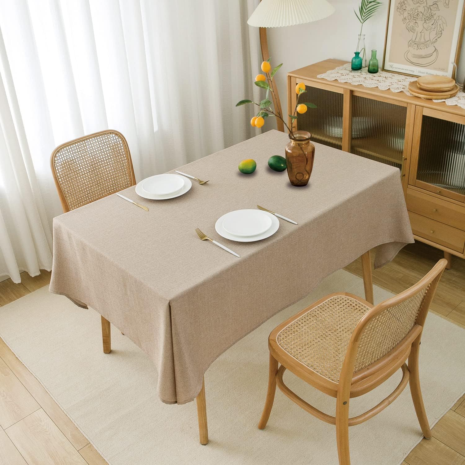 NLMUVW Natural Linen Table Cloth 6ft, Burlap Tan Tablecloth Rectangular Dining Table Cover Water Resistant for Kitchen Party Cafe, 54 x 78 Inch