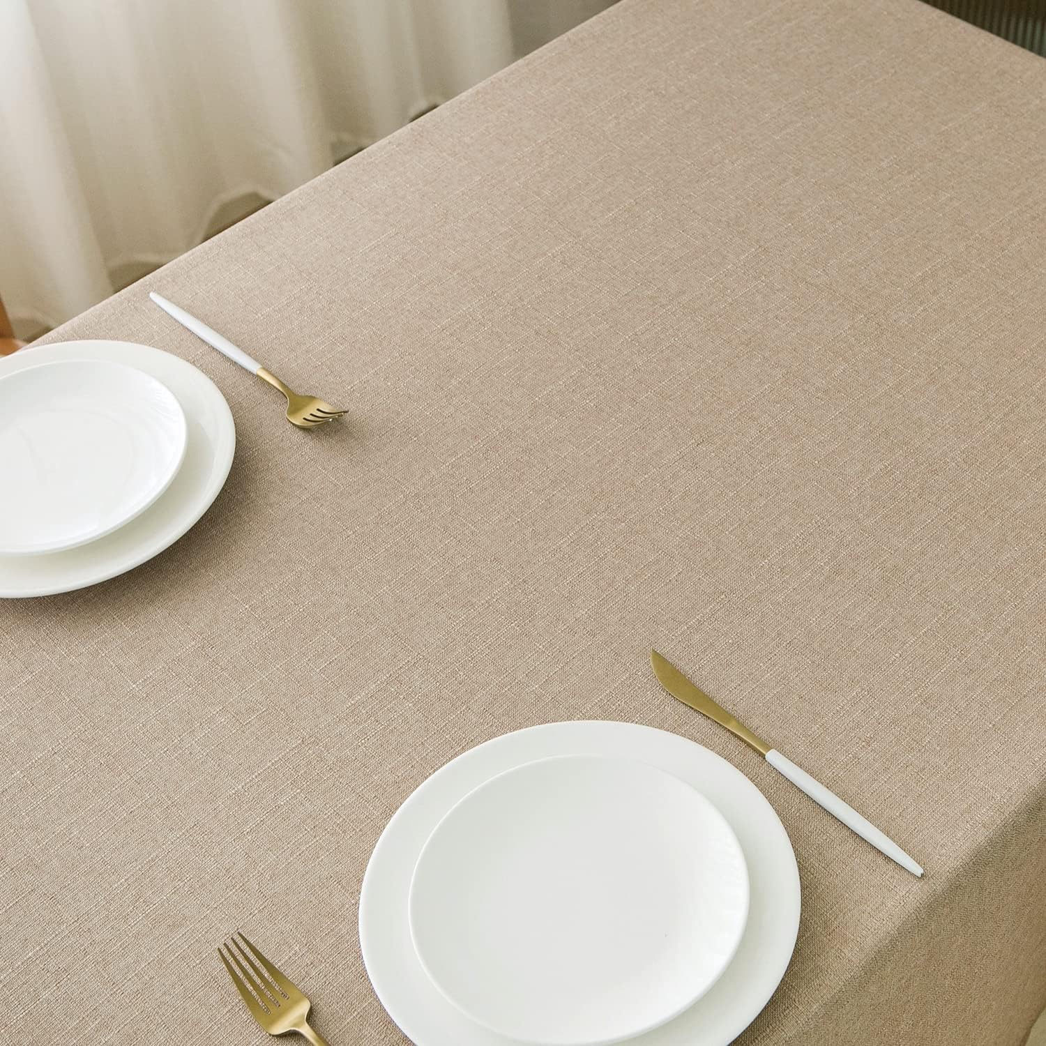 Alternative view of NLMUVW Natural Linen Table Cloth 6ft, Burlap Tan Tablecloth Rectangular Dining Table Cover Water Resistant for Kitchen Party Cafe, 54 x 78 Inch