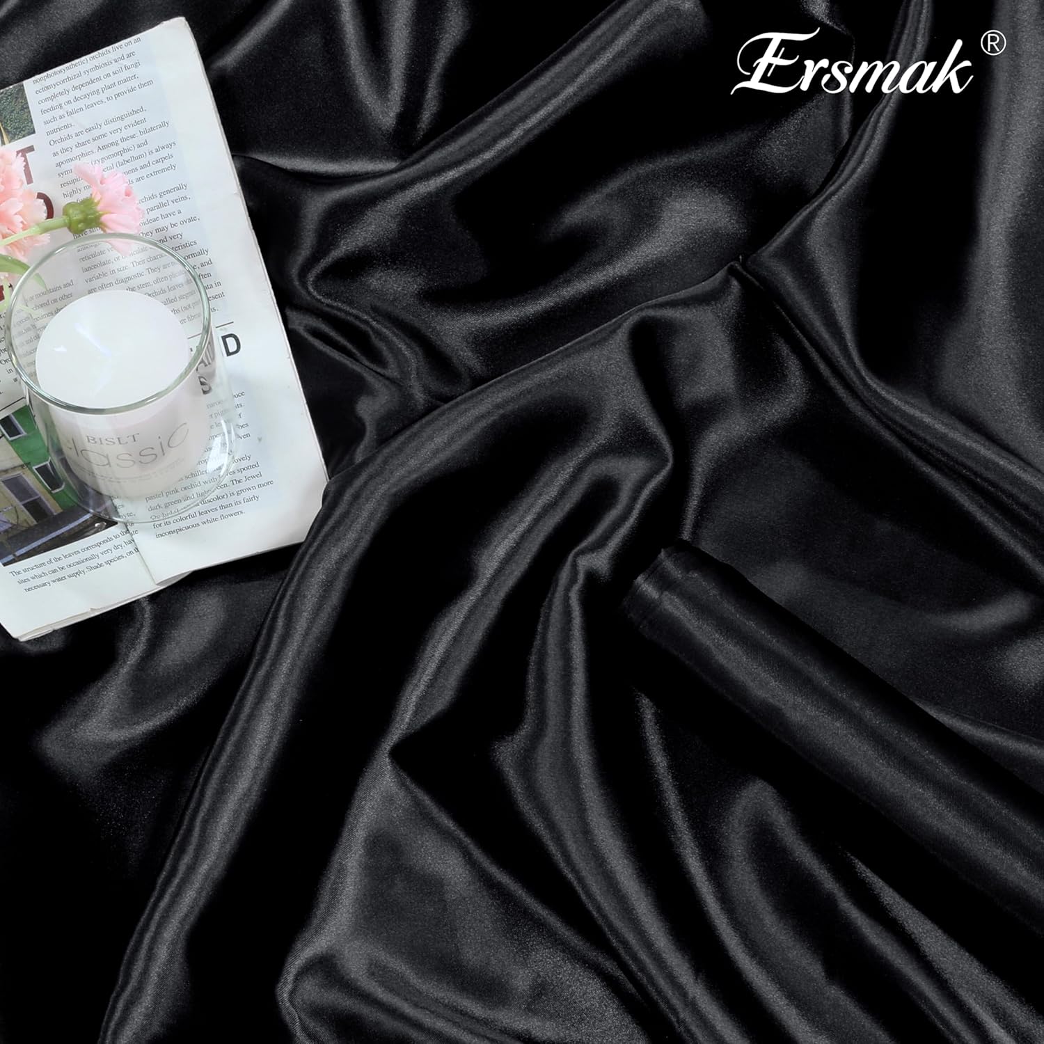 Ersmak Black Satin Fabric by The Yard, 60" Wide Shiny & Soft Charmeuse Silky Satin Fabric for DIY Craft, Wedding Decorations, Sewing, 1 Yard
