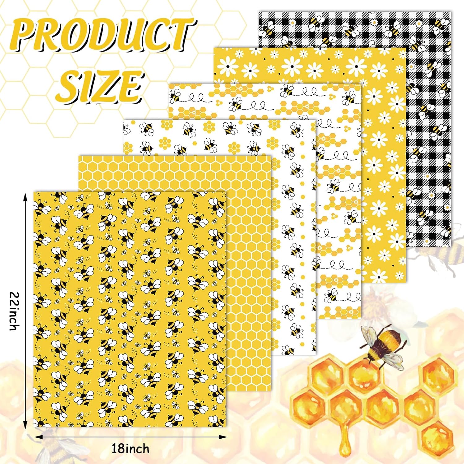 Whaline 6Pcs Bee Cotton Fabric Bundles Bee Daisy Honeycomb Plaid Fat Quarters Theme Quilting Patchwork Squares for Summer DIY Handmade Craft Decor, 18 x 22 Inch