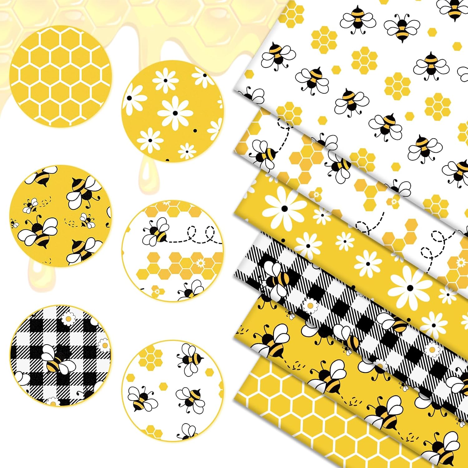 Alternative view of Whaline 6Pcs Bee Cotton Fabric Bundles Bee Daisy Honeycomb Plaid Fat Quarters Theme Quilting Patchwork Squares for Summer DIY Handmade Craft Decor, 18 x 22 Inch