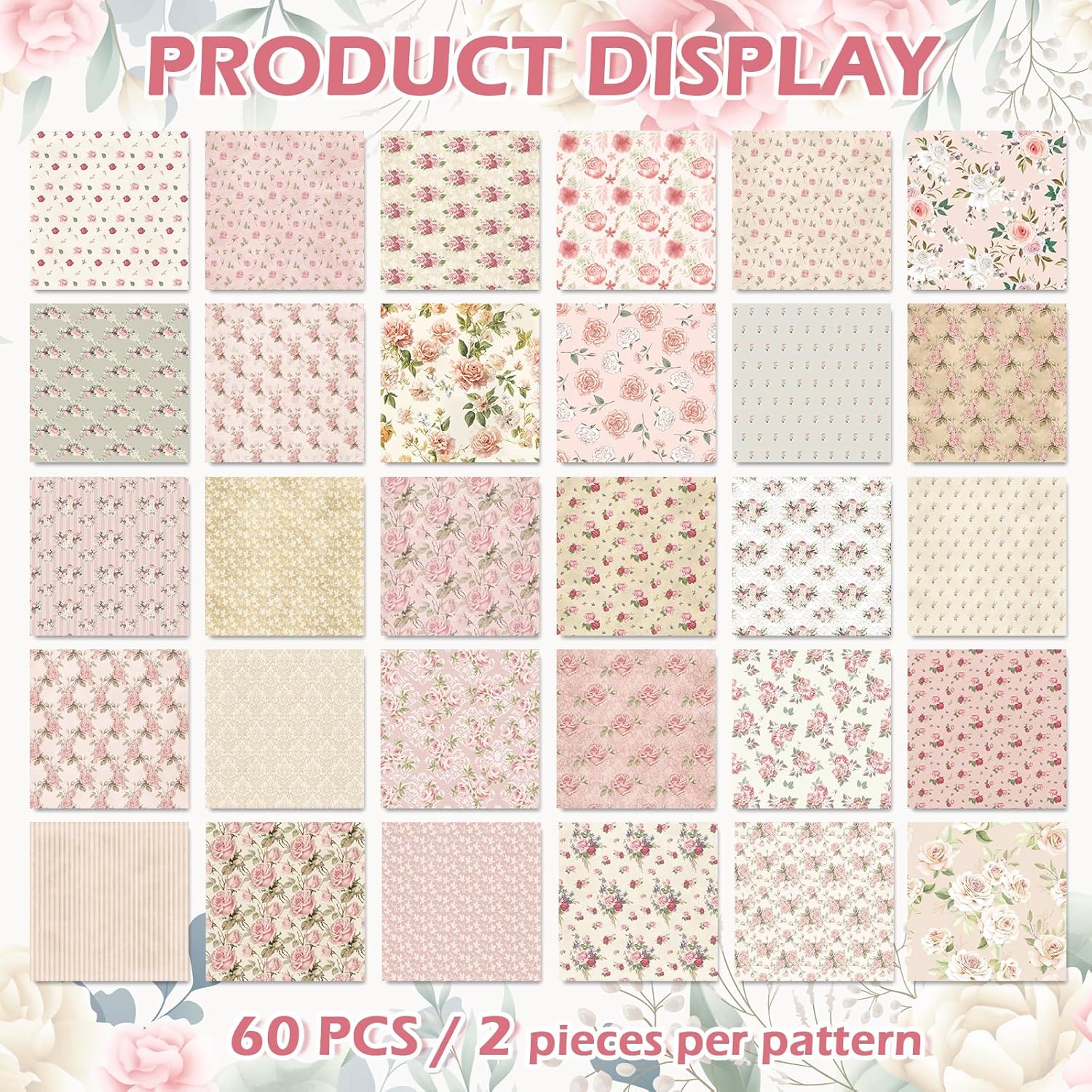 JarThenaAMCS 60Pcs Floral Cotton Fabric Bundles Pink Retro Floral Fabric Squares Spring Quilting Patchwork for DIY Handmade Sewing Crafting, 10 x 10 Inch