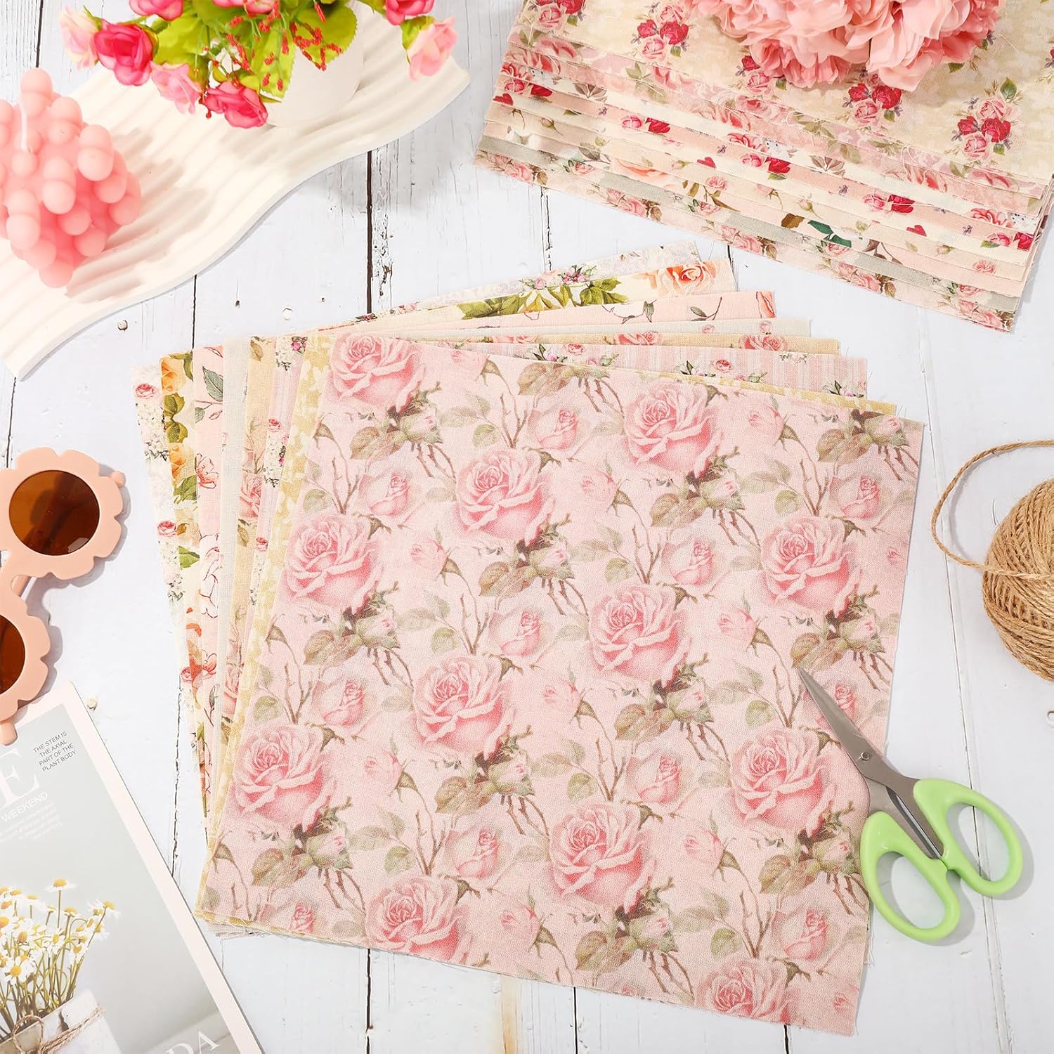 JarThenaAMCS 60Pcs Floral Cotton Fabric Bundles Pink Retro Floral Fabric Squares Spring Quilting Patchwork for DIY Handmade Sewing Crafting, 10 x 10 Inch - Image 3