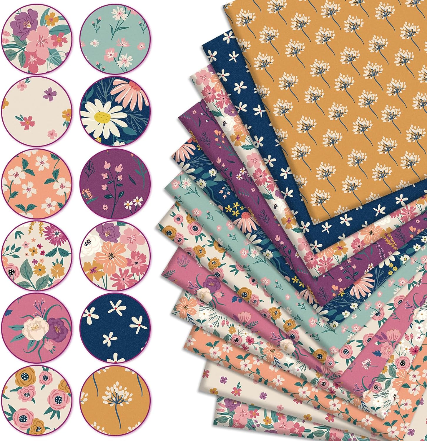 Alternative view of Whaline 12Pcs Retro Floral Cotton Fabric Bundles 18 x 22 Inch Wildflower Fat Quarters Vintage Flower Quilting Patchwork Squares Sewing Fabrics for Home School DIY Handmade Craft Party Decor