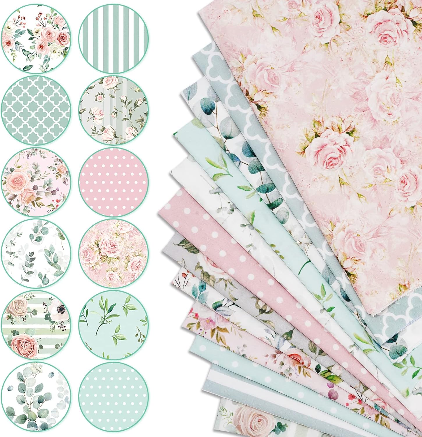 Alternative view of Whaline 12Pcs Floral Cotton Fabric Bundles 10 x 10 Inch Floral Greenery Printed Fabric Square Pink Green Retro Quilting Patchwork for Spring DIY Handmade Crafting Home Party Decor