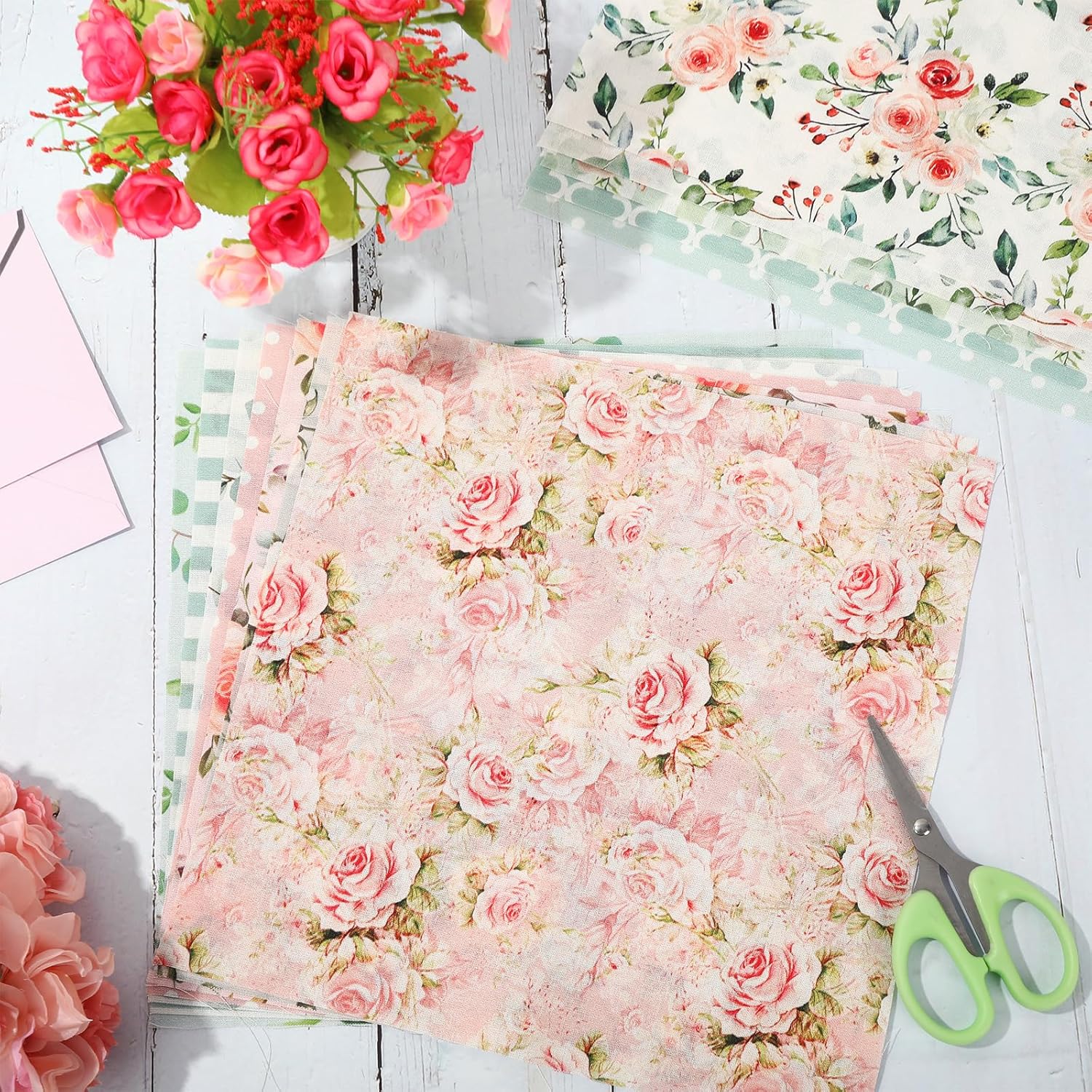 Whaline 12Pcs Floral Cotton Fabric Bundles 10 x 10 Inch Floral Greenery Printed Fabric Square Pink Green Retro Quilting Patchwork for Spring DIY Handmade Crafting Home Party Decor - Image 3