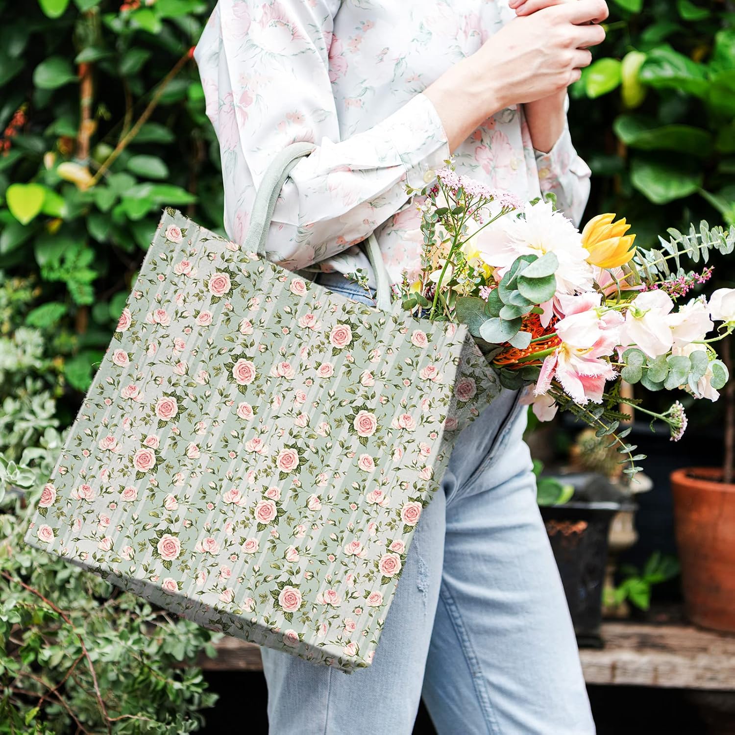 Whaline 12Pcs Floral Cotton Fabric Bundles 10 x 10 Inch Floral Greenery Printed Fabric Square Pink Green Retro Quilting Patchwork for Spring DIY Handmade Crafting Home Party Decor - Image 4