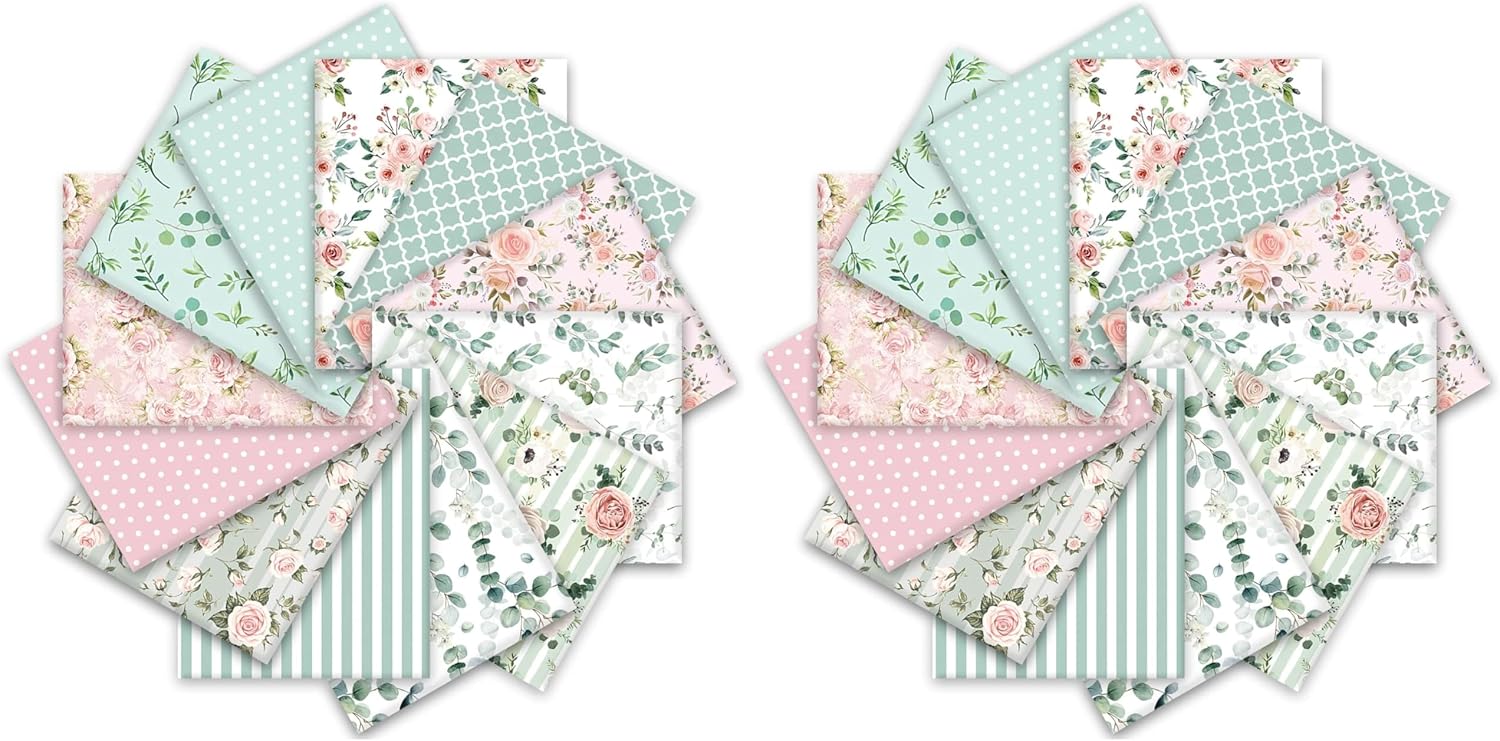 Whaline 12Pcs Floral Cotton Fabric Bundles 10 x 10 Inch Floral Greenery Printed Fabric Square Pink Green Retro Quilting Patchwork for Spring DIY Handmade Crafting Home Party Decor - Image 7