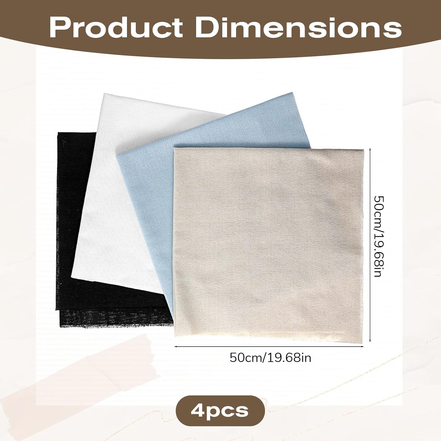 4PCS Embroidery Cloth 20” Squares Natural Linen Cross Stitch Fabric Needlework Cloth Solid Color for Embroidery Garment Craft(Blue Beige Black White)