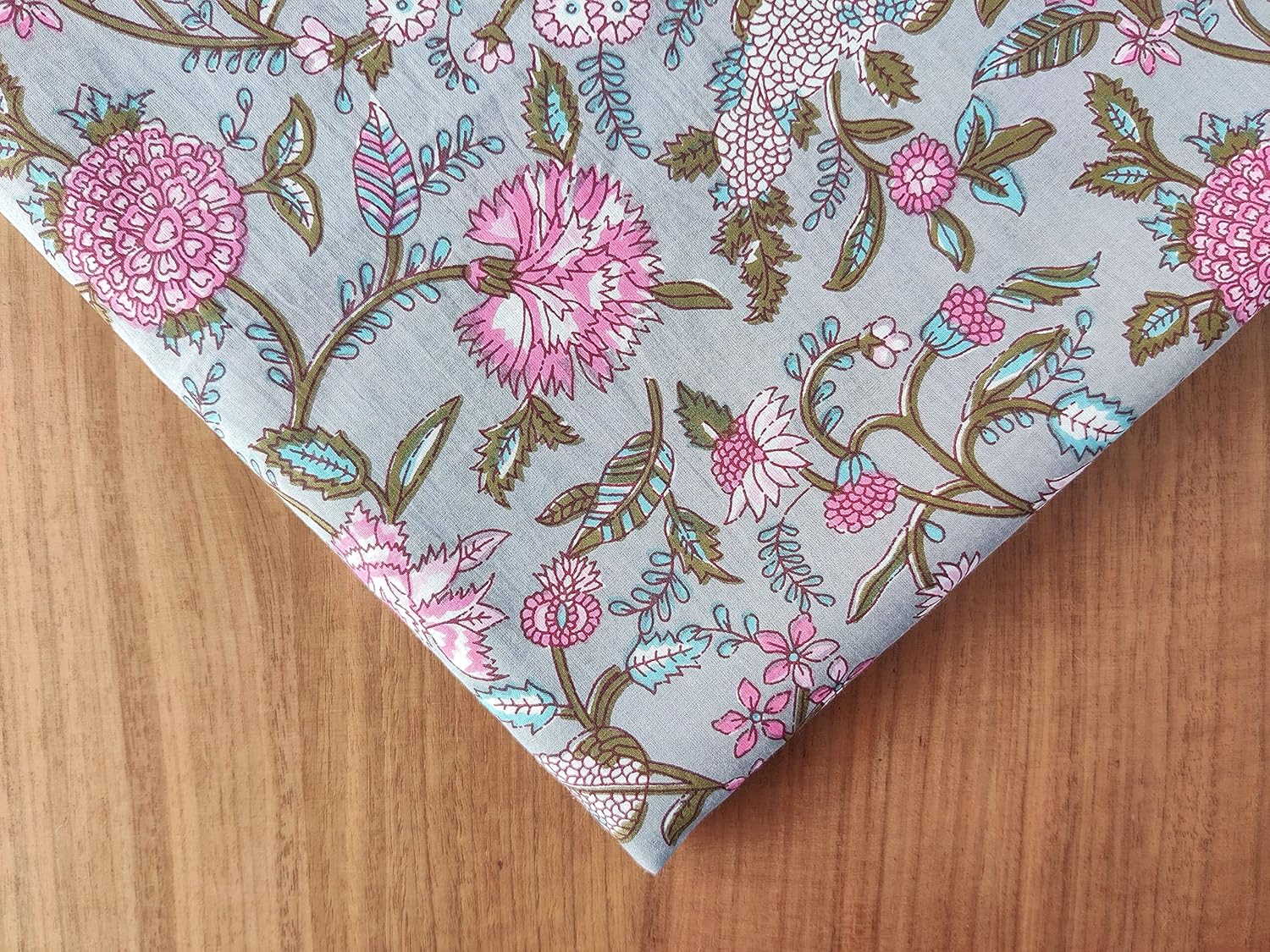 AVKA Studio Hand Block Print Fabric by The Yard - PRECUT 1 Yard 42 Inch Width - 100% Cotton Material - Grey & Pink Floral Pattern - Light Weight Indian Cloth for Making Summer Dress Tops Indian Fabric