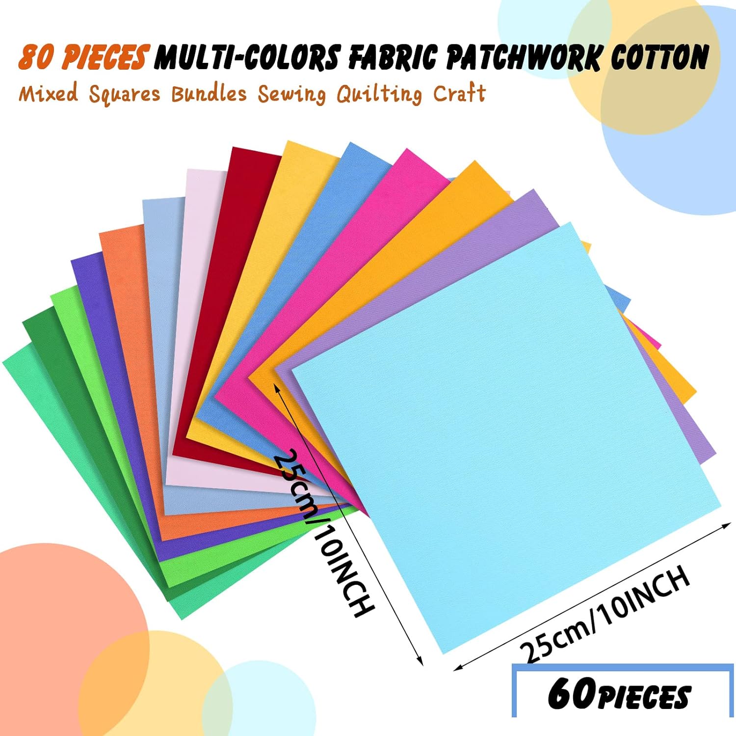 80 Pcs 10 x 10 Inch Solid 100% Color Fabric Cotton Fat Quarters Squares Scraps Pre Cut Quilt Squares Fabric Bundles for DIY Crafting Sewing Quilting Patchwork Craft, Assorted Color