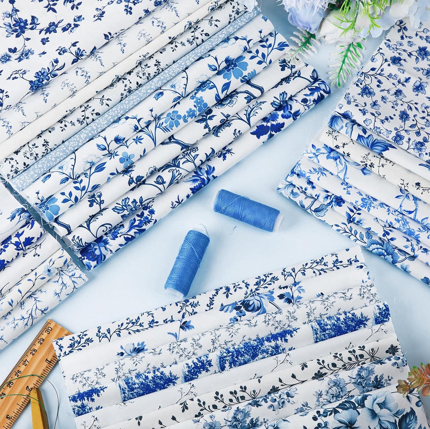 Tatuo 30 Pcs 10 x 10 Inches Blue and White Floral Cotton Fabric Quilting Bundle Squares Patchwork Floral Fabric Sewing Quilting Bundles Assorted Pattern Cloth for DIY Scrapbook Craft Making - Image 4