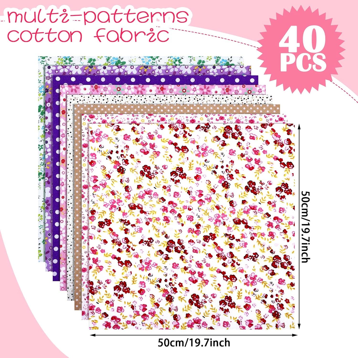 40 Pcs 20 x 20 Inch Cotton Fabric Bundle Square Quilting Patchwork Multi Color Printed Floral Fat Flower Animals Cartoon for DIY Crafts Cloths Handmade Accessory(Bright Style)