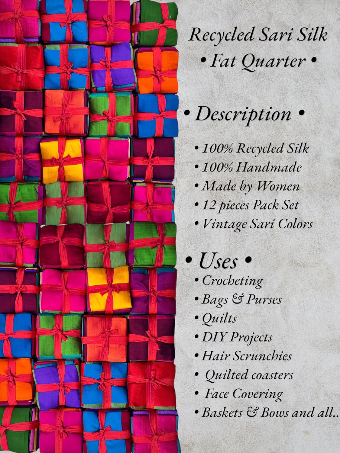 Makers Craft 12 Pieces, 18X22 Vintage Sari Silk Multicolor Fat Quarters Indian Bright Colors DIY for Quilting, Sewing, Patch Work (Multicolor)