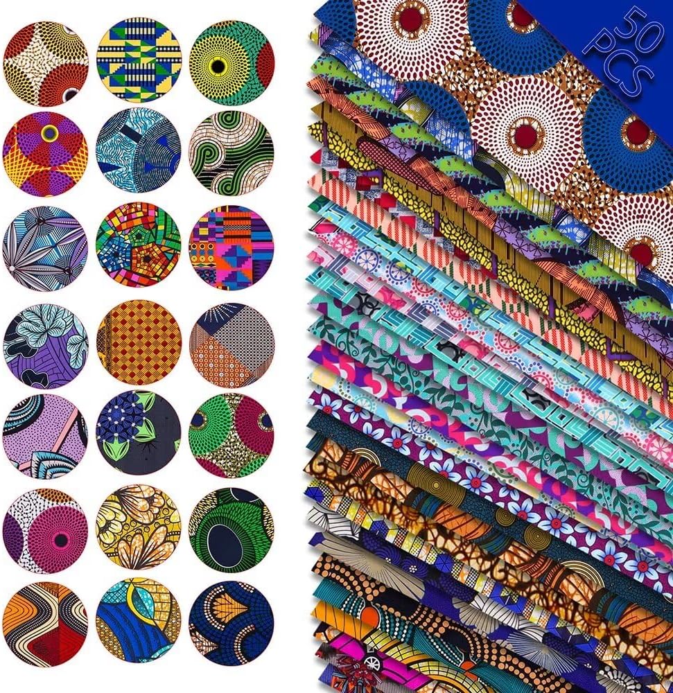 50 Pcs 25 x 25 cm/9.8 x 9.8 inches Polyester African Fabric Square No Repeat Patchwork Printed Craft Bundle Patchwork for DIY Sewing Fabric Craft Accessories