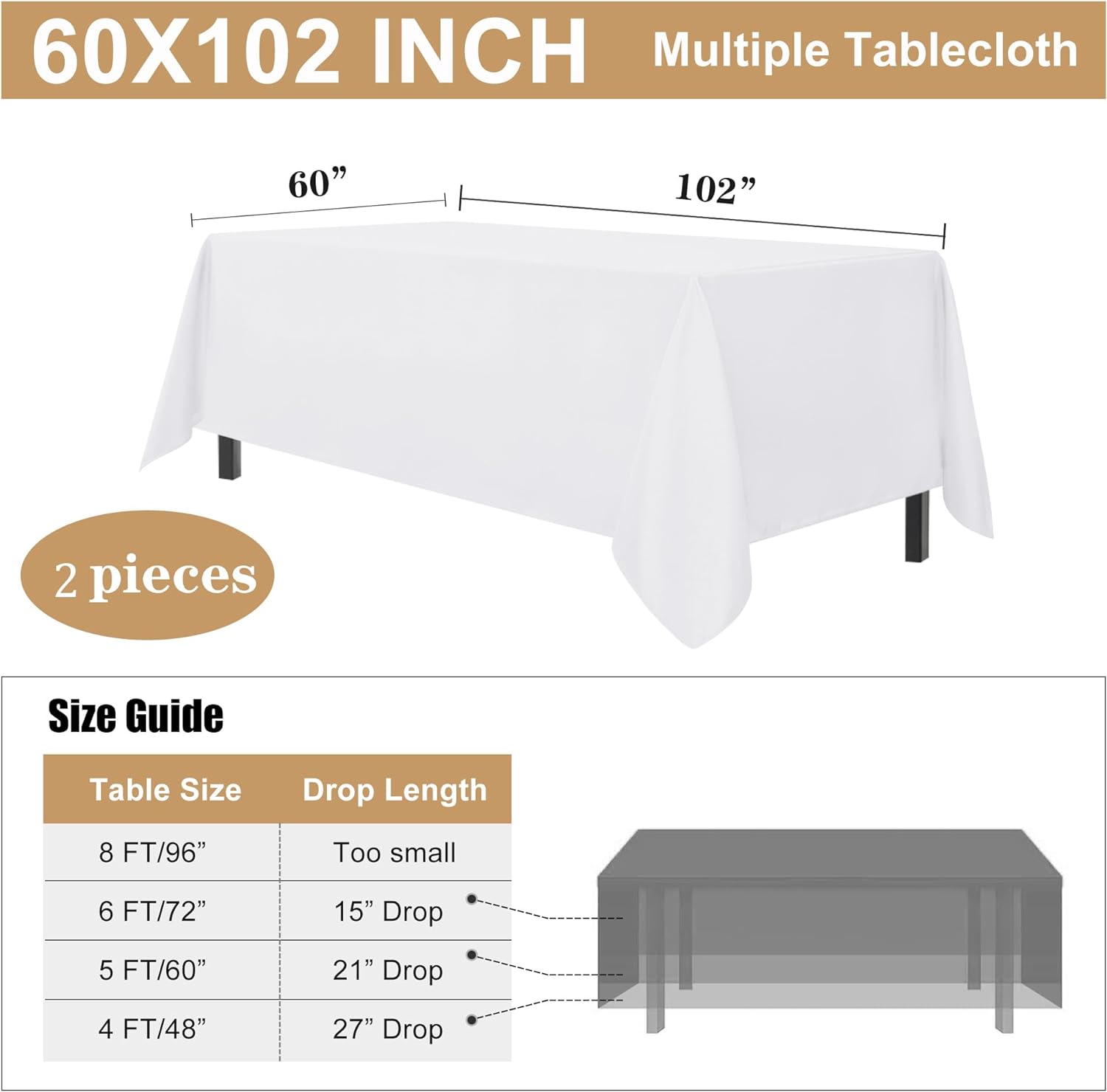 Alternative view of sancua 2 Pack White Tablecloth 60 x 102 Inch, Rectangle 6 Feet Table Cloth - Stain and Wrinkle Resistant Washable Polyester Table Cover for Dining Tables, Buffet Parties and Camping