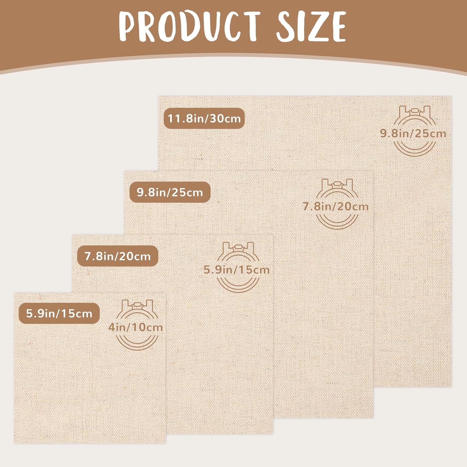 16 PCS Embroidery Fabric, Pre-Cut Beige Natural Linen Needlework Embroidery Cloth Fabric, 4 Different Sizes 5.9 to 11.8inch, Embroidery Cloth Squares for Embroidery Garment Craft