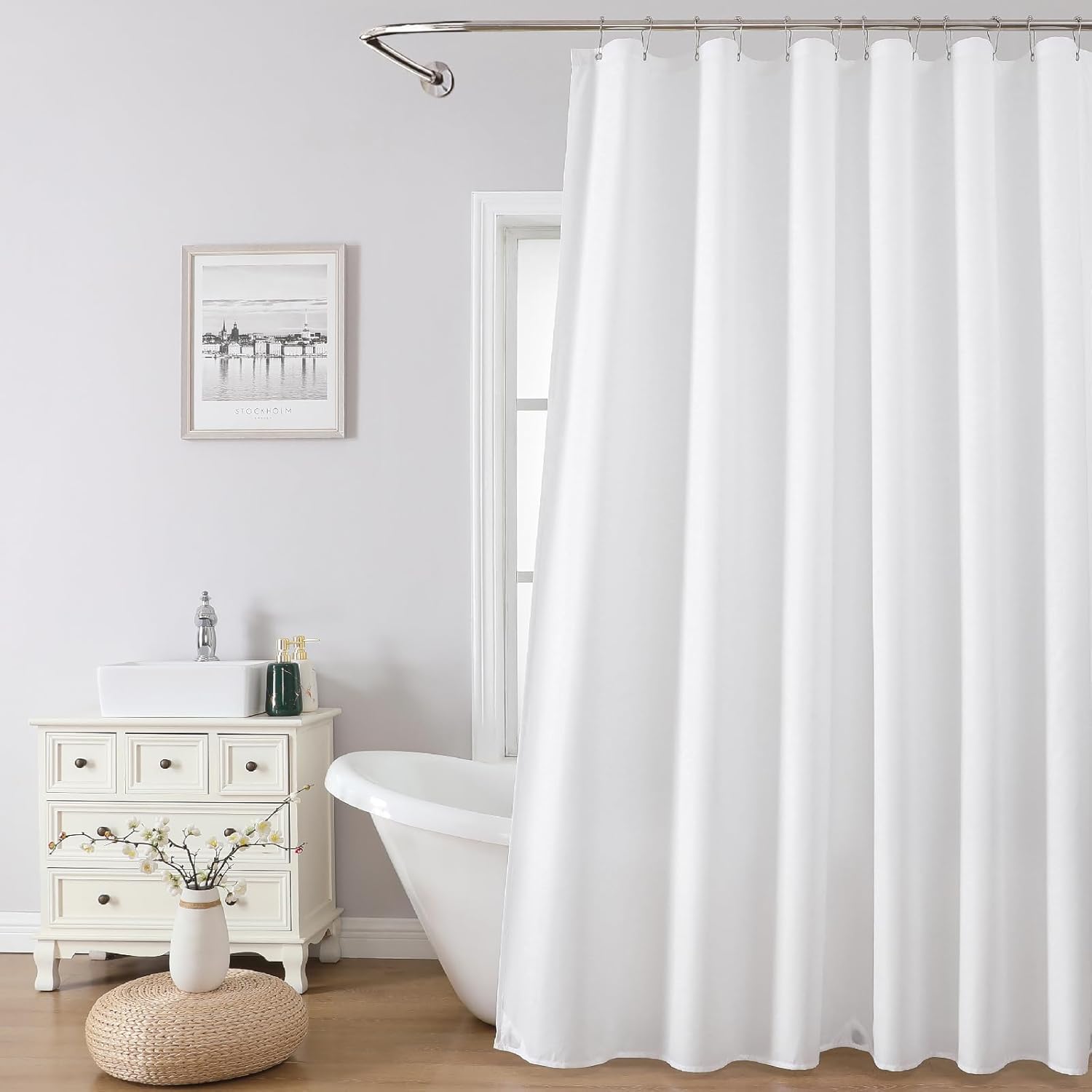 THAIGEE Water-Repellent Fabric Shower Curtain Liner - Hotel Quality Machine Washable, 3 Heavy-Duty Magnets with Rustproof Grommets & Weighted Hem, Standard Size 72x72in White