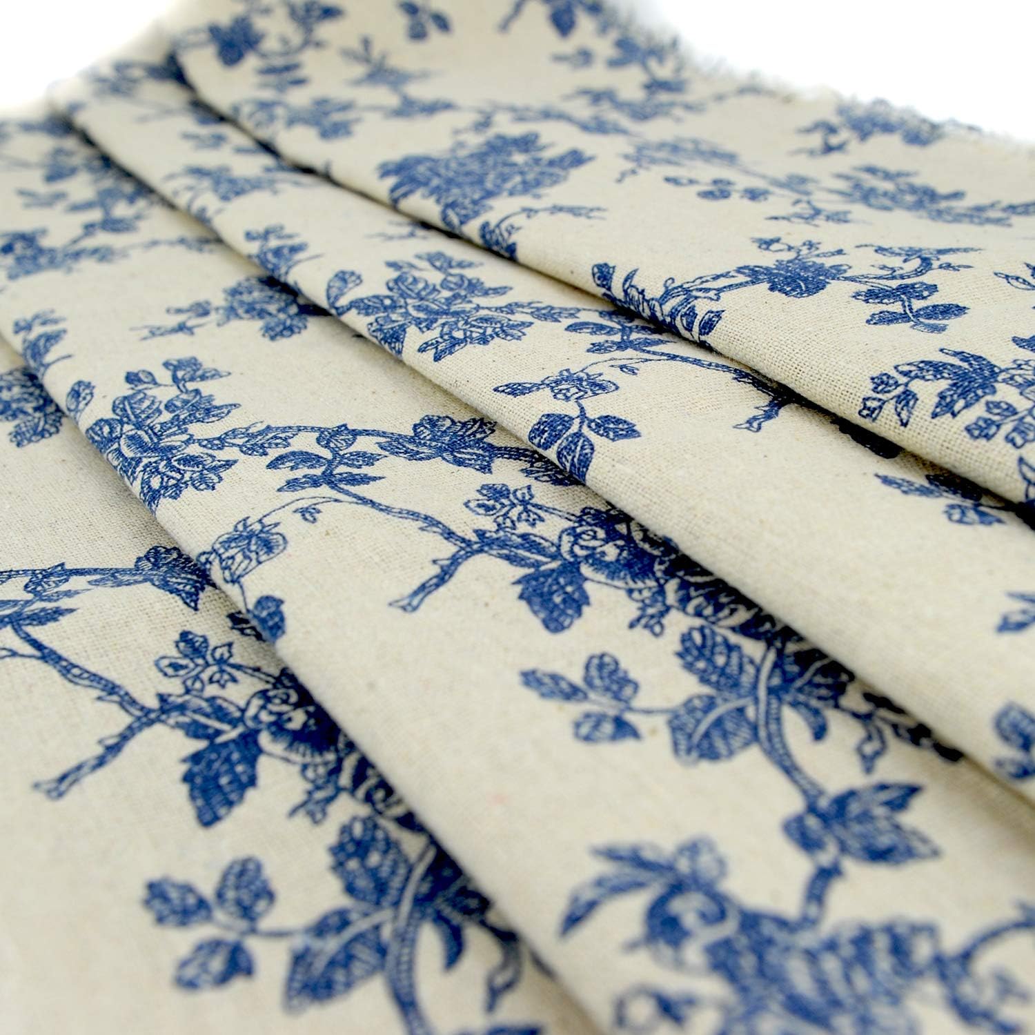 Linen Cotton Printed Fabric for Home Decoration and Crafting by The Meter(Classical Blue Floral Pattern) - Image 3
