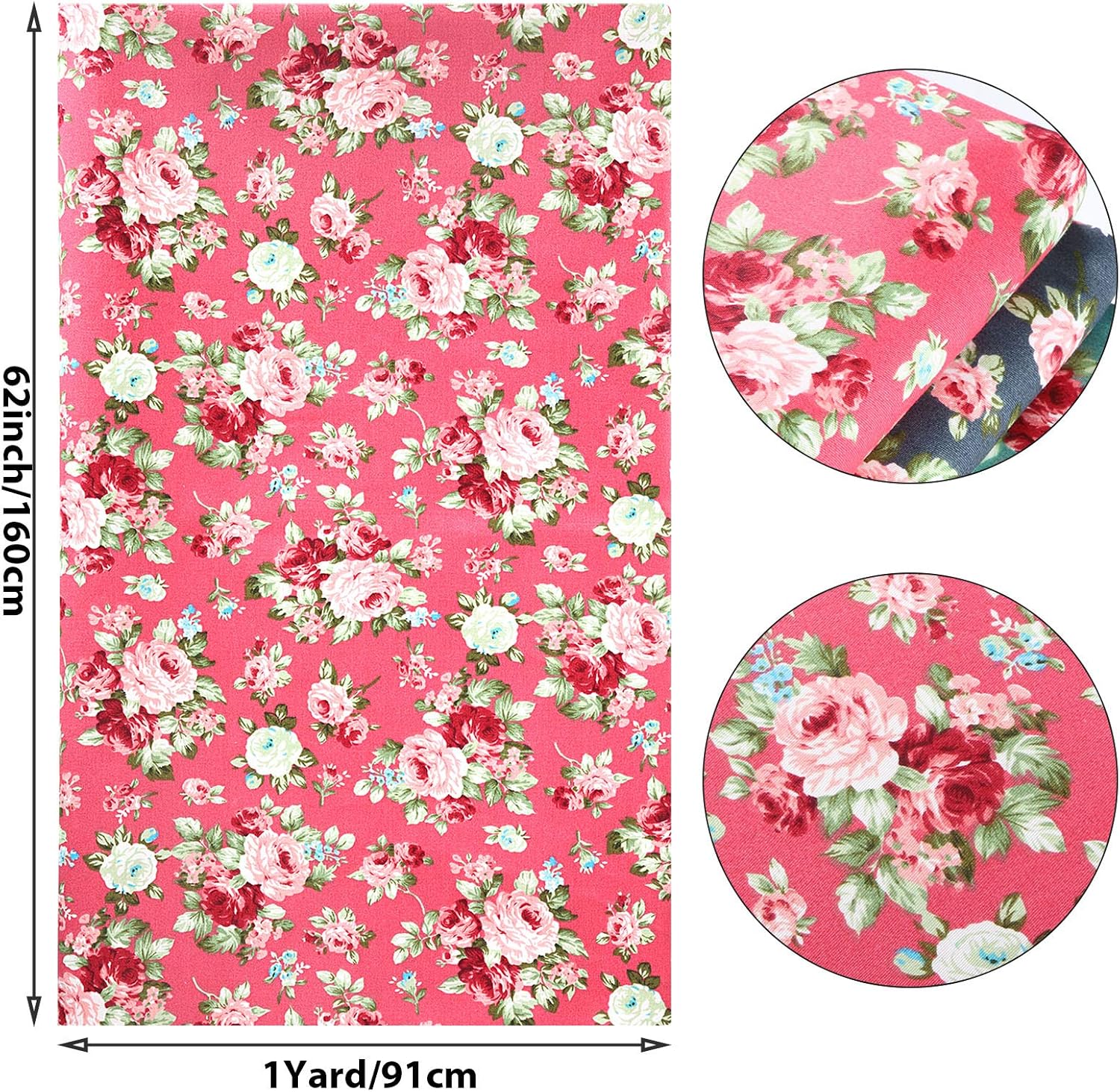 Boao 3 Pieces 3 Yards 62 Inch Wide Floral Cotton Fabric Rose Pattern Flowers Print Quilting Fabric Bundle for Motheru2018s Day Quilting Sewing Crafting DIY Making
