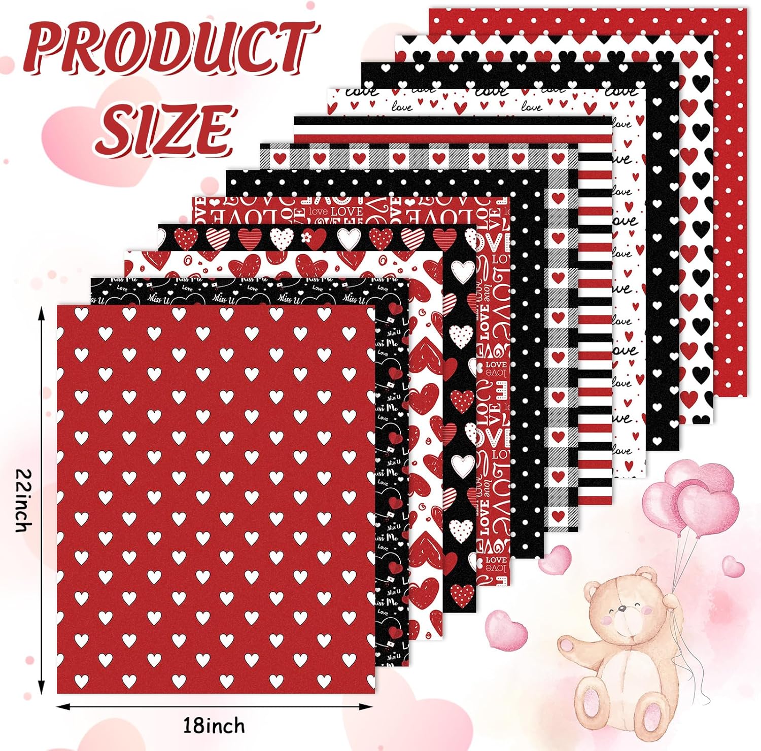 Whaline 12Pcs Valentine's Day Cotton Fabric Bundles Red Black Love Heart Fat Quarter Romantic Quilting Patchwork for DIY Handmade Sewing Crafting, 18 x 22 Inch