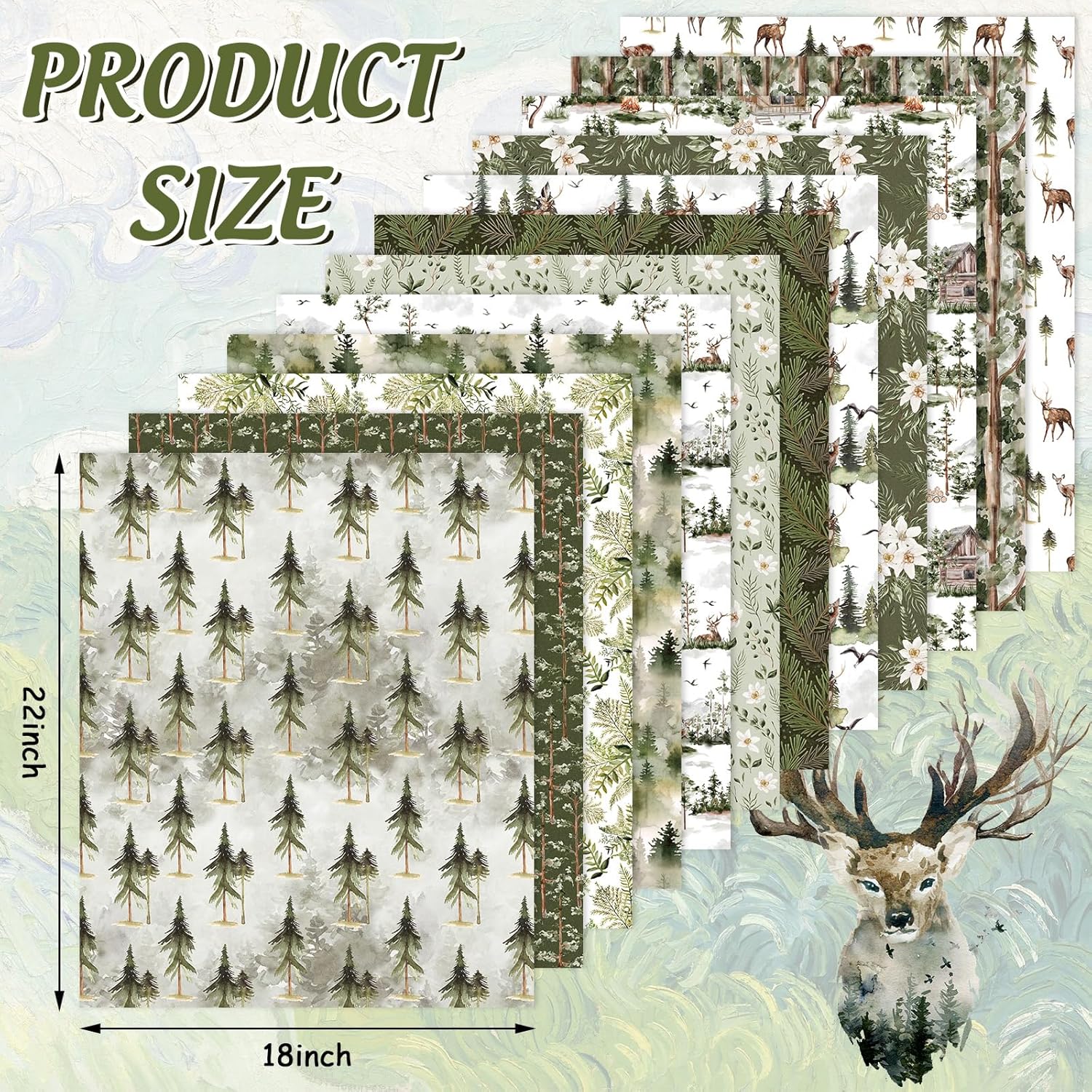 Whaline 12Pcs Christmas Watercolor Forest Cotton Fabric Bundles 18 x 22 Inch Green Christmas Tree Flower Deer Fat Quarter Xmas Quilting Patchwork for DIY Handmade Sewing Crafting