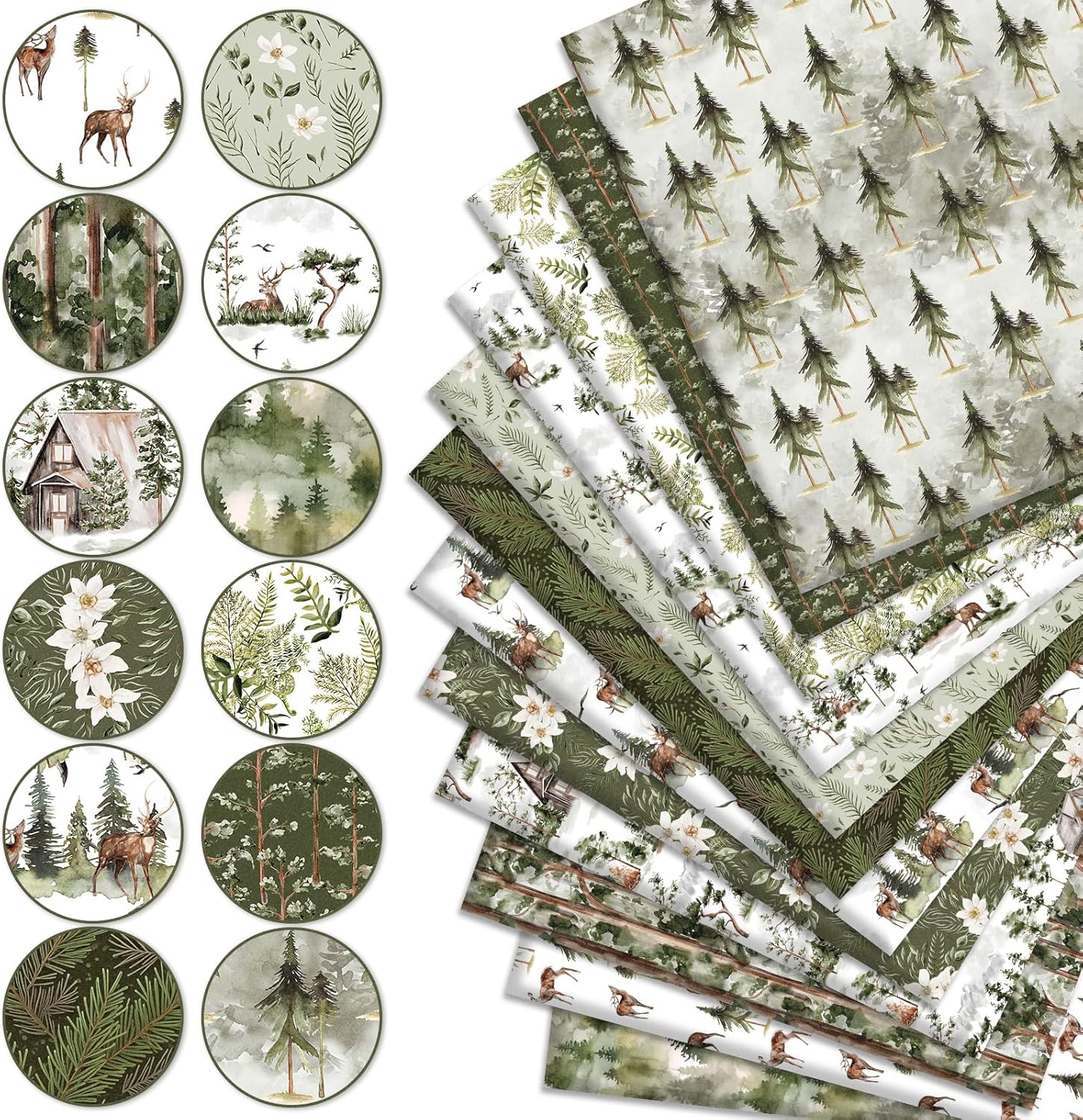 Alternative view of Whaline 12Pcs Christmas Watercolor Forest Cotton Fabric Bundles 18 x 22 Inch Green Christmas Tree Flower Deer Fat Quarter Xmas Quilting Patchwork for DIY Handmade Sewing Crafting