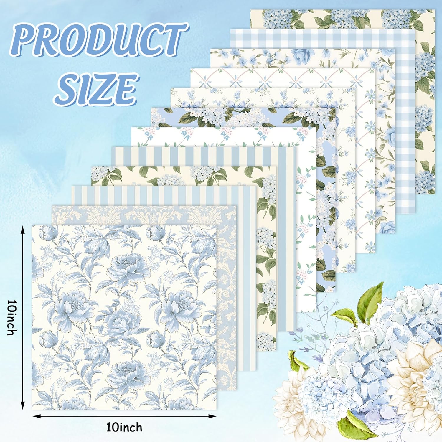 JarThenaAMCS 12Pcs Hydrangea Cotton Fabric Bundles 10 x 10 Inch Watercolor Dusty Blue Floral Fabric Squares Flower Plaid Stripe Sewing Fabrics for DIY Craft Party Decor