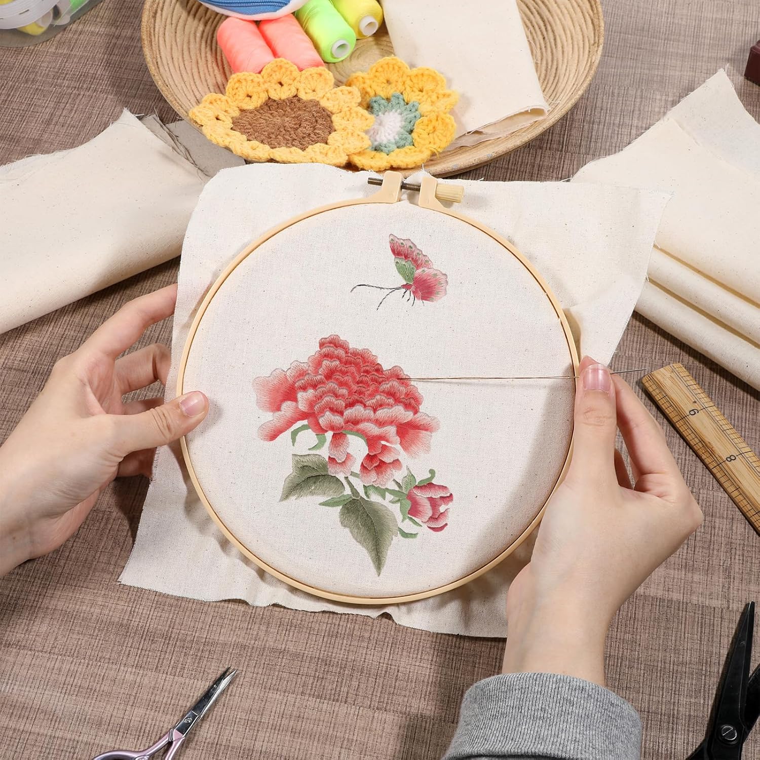 10 PCS Embroidery Fabric, Pre-Cut Beige Fabric Squares, Beige Cotton and Linen Embroidery Cloth for Garment Craft, 9.8 × 9.8 Inch - Image 3