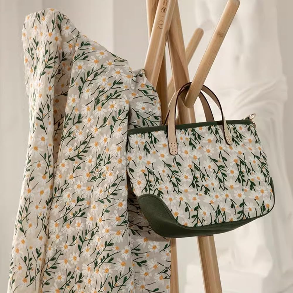 Primst 3D Daisy Embroidery Cotton Linen Fabric by The Yard for Sewing DIY Clothes Dress Tablecloth Bag Cushion (Beige,47.2" x 39.4")