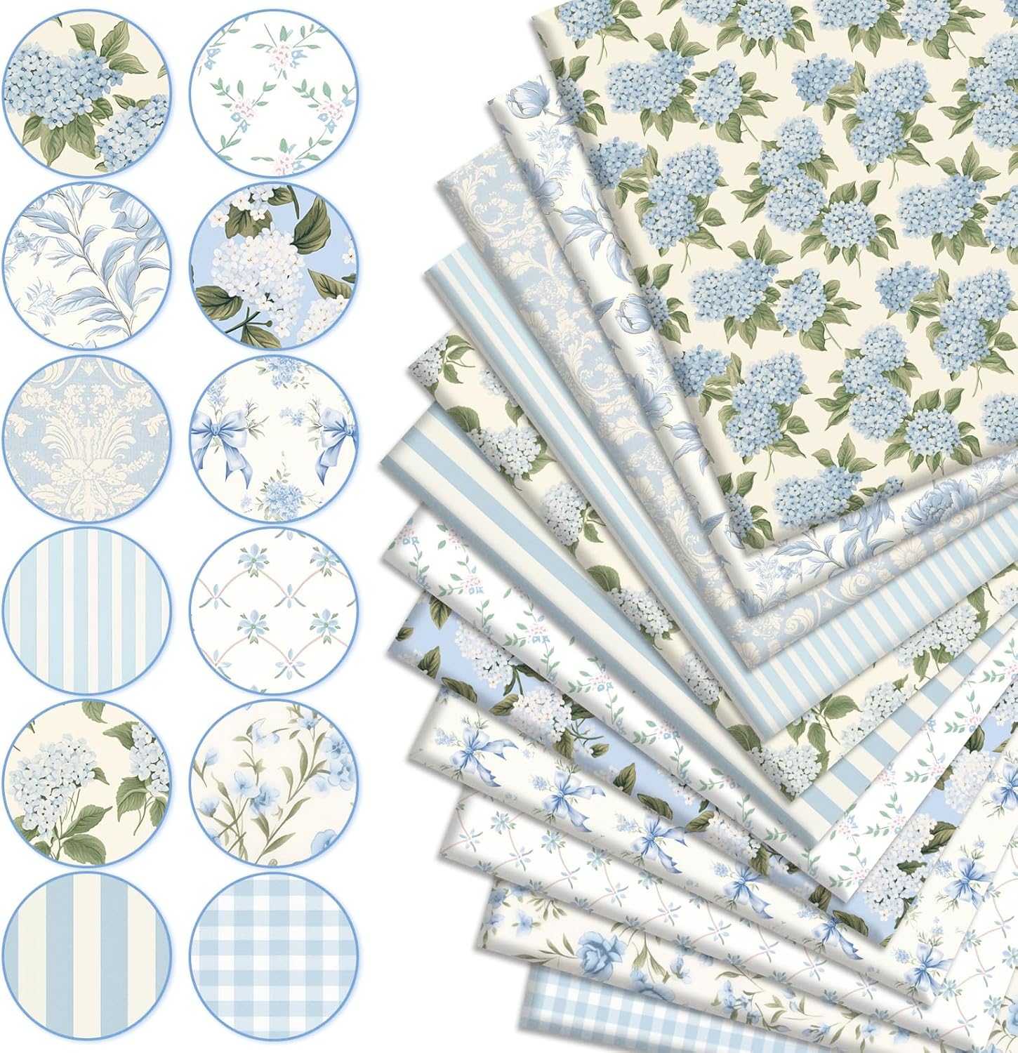 Alternative view of JarThenaAMCS 12Pcs Hydrangea Cotton Fabric Bundles 10 x 10 Inch Watercolor Dusty Blue Floral Fabric Squares Flower Plaid Stripe Sewing Fabrics for DIY Craft Party Decor