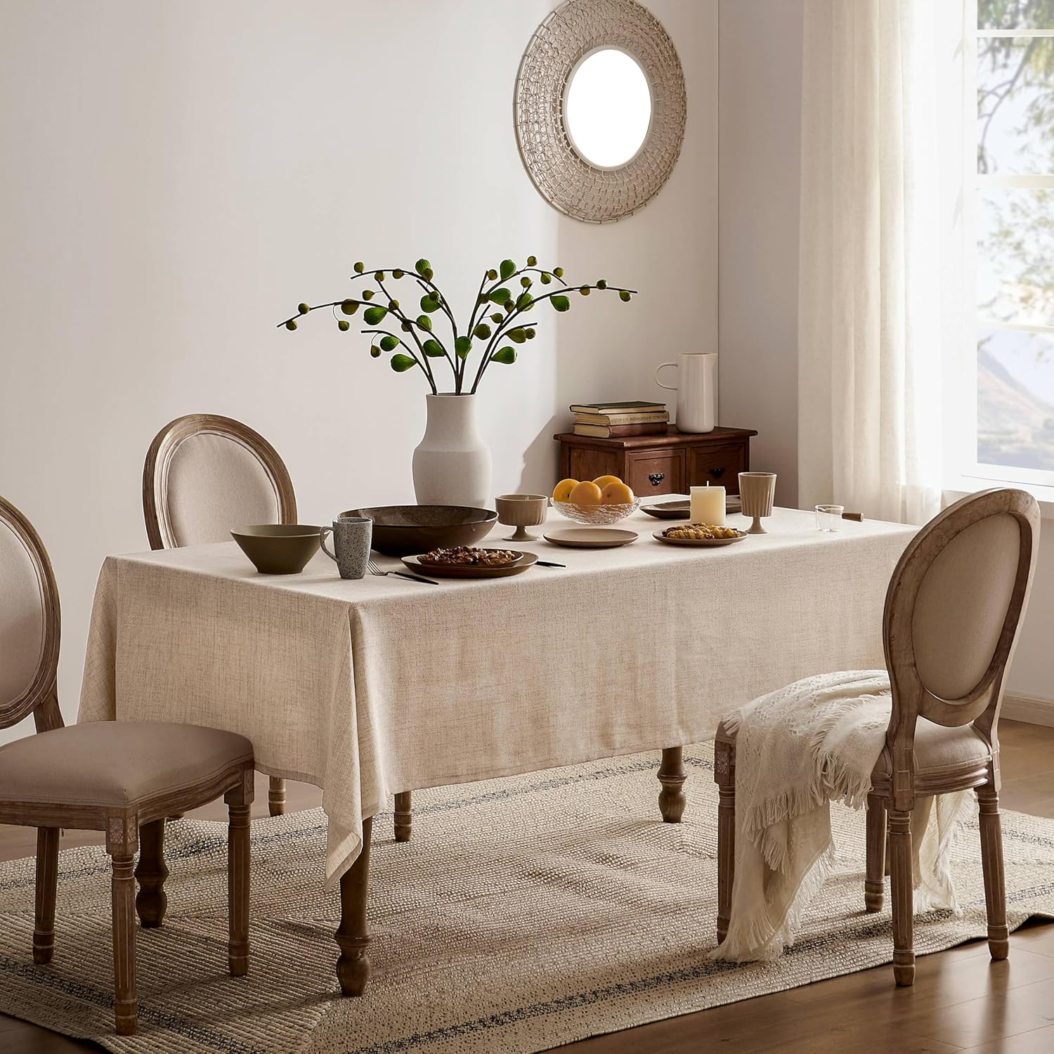 YZJZEDS Linen Tablecloth for Rectangle Table, Farmhouse Style Neutral Tablecloth, Water Resistant Burlap Tablecloths for Dining Table Farmhouse Kitchen, 52x70 Inch Natural