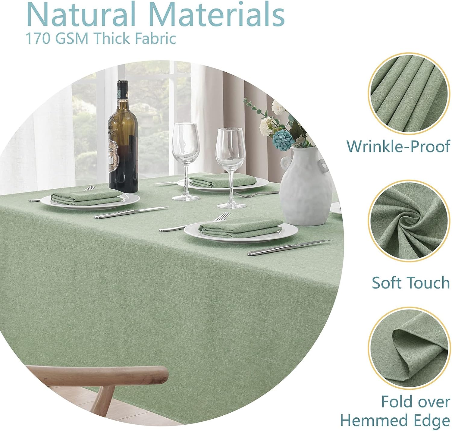 Alternative view of Veblandy Rectangle Tablecloth Waterproof Linen Textured Table Cloth Stain and Wrinkle Resistant Washable, Decorative Fabric Table Cover for Dining, Party and Camping (Sage Green, 52 * 70)