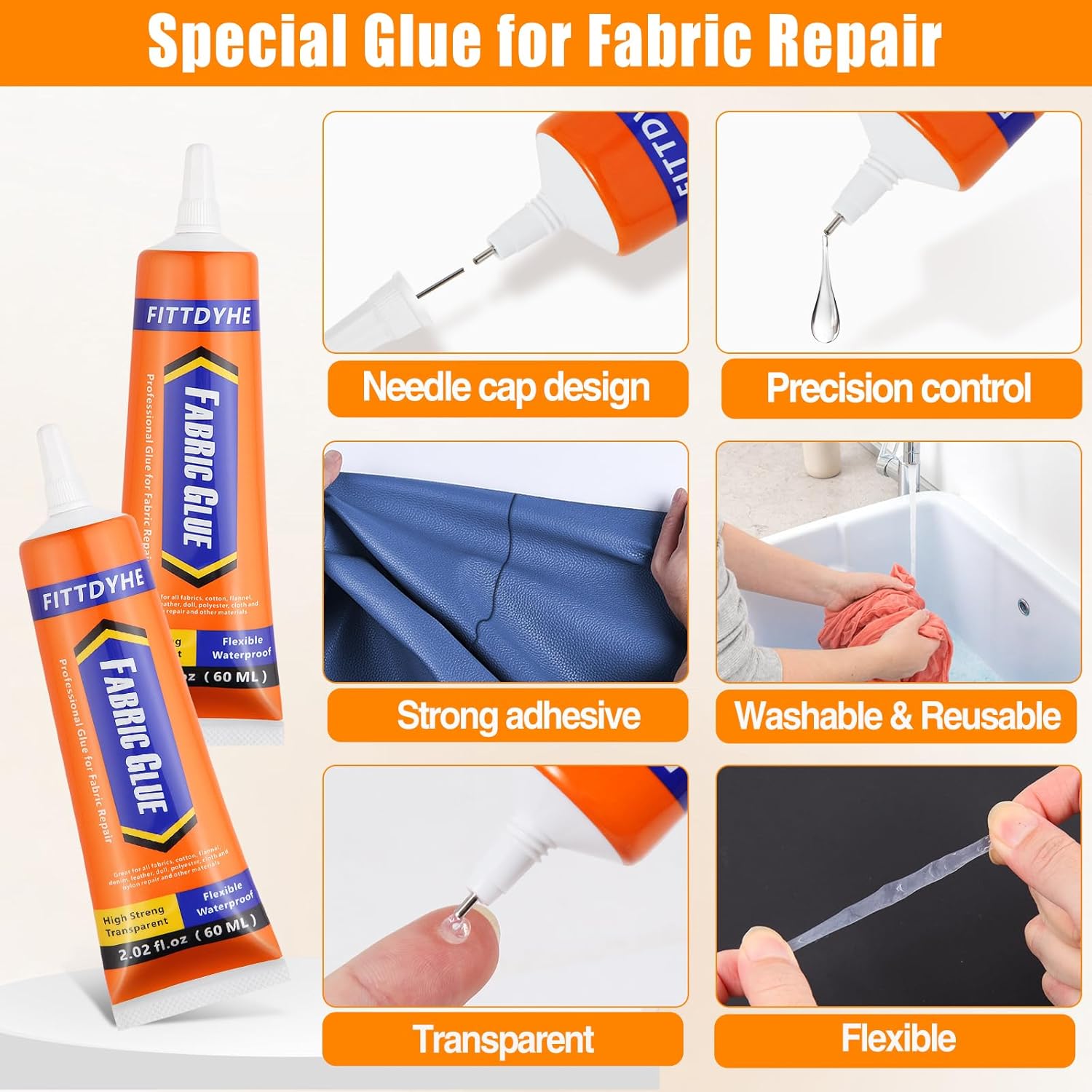 Alternative view of Fabric Glue Permanent, 60 ML Washable Clear Clothing Glue, Super Fabric Adhesive for Rhinestones, Patches, Clothes, Denim, Leather, Polyester, Fabrics, Doll Repair, Flannel, Cotton