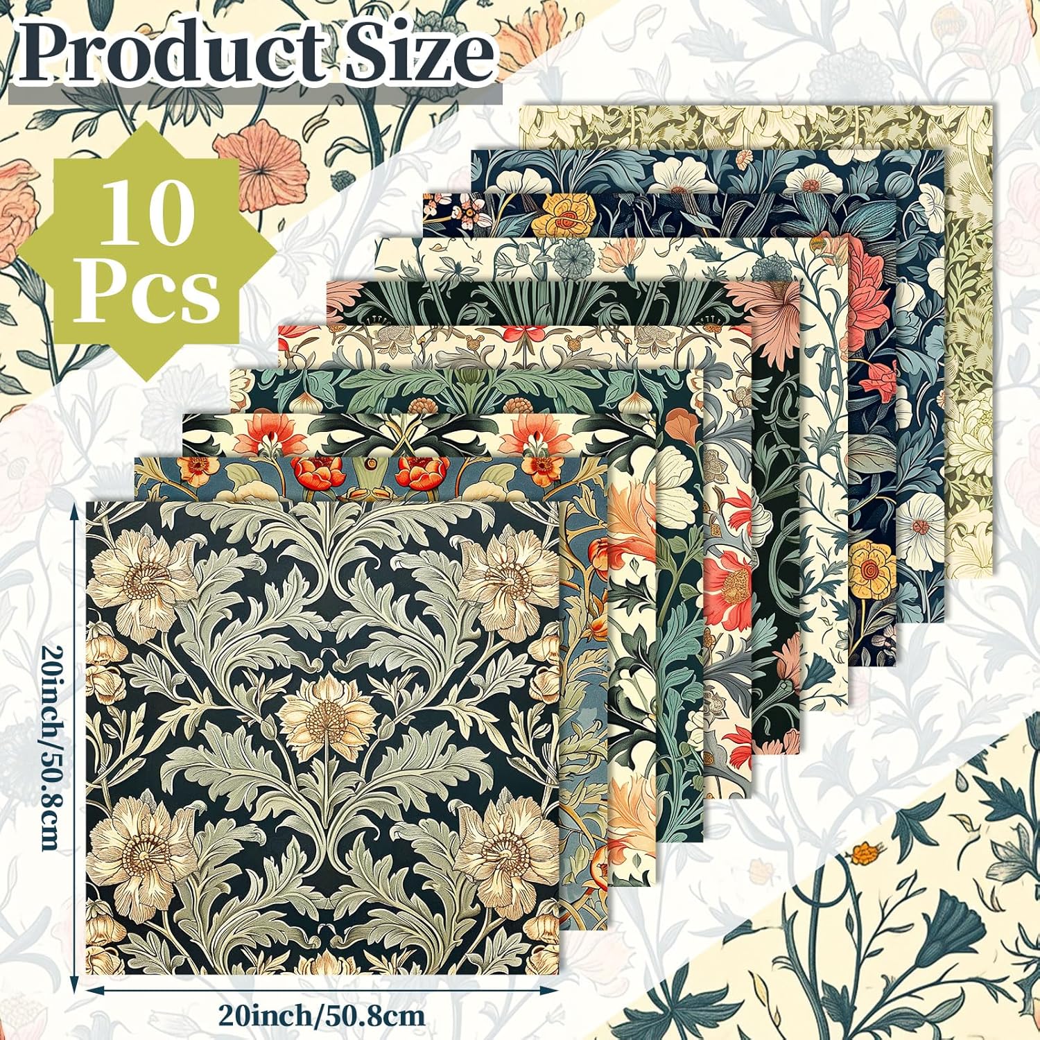 Hahafelt 10 Pcs 20''x20'' William Morris Flowers Quilting Fabric Bundles Vintage Floral Fat Quarters by The Yard Flower Fabrics Precut Quilted Patchwork for Spring Sewing DIY Craft Decor