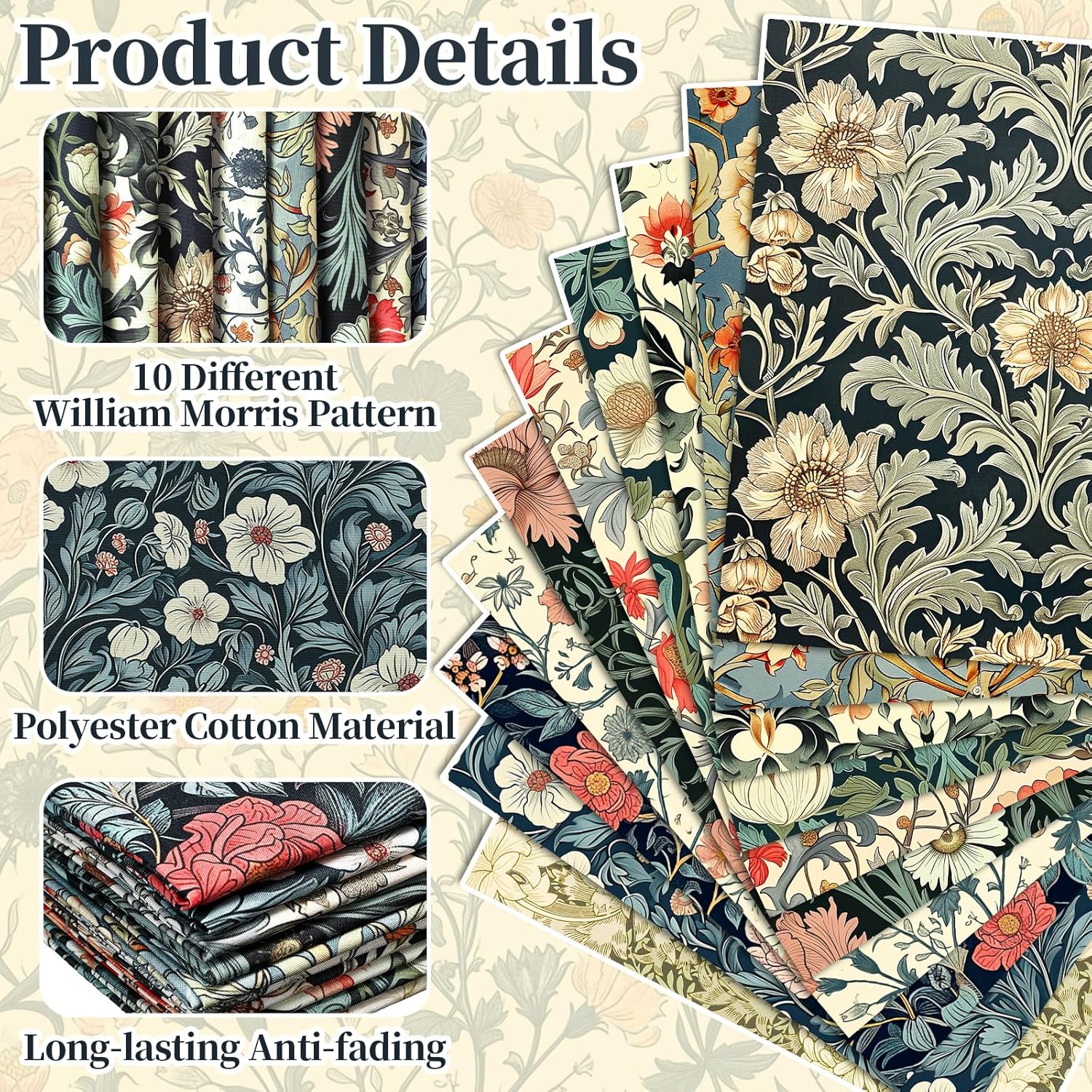 Alternative view of Hahafelt 10 Pcs 20''x20'' William Morris Flowers Quilting Fabric Bundles Vintage Floral Fat Quarters by The Yard Flower Fabrics Precut Quilted Patchwork for Spring Sewing DIY Craft Decor