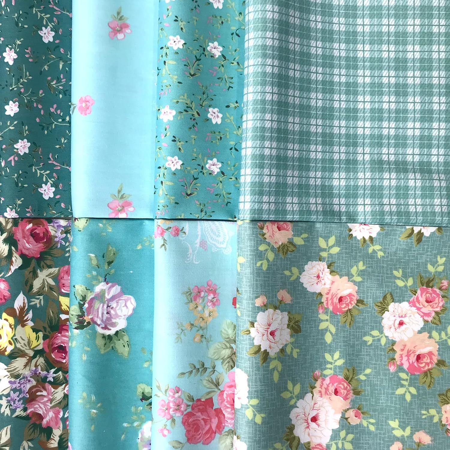 8Pcs 18x22 inch Cotton Fabric Green Floral Rose Fat Quarters Fabric Pre-Cut Quilt Squares for Patchwork Quilting and DIY Sewing Projects