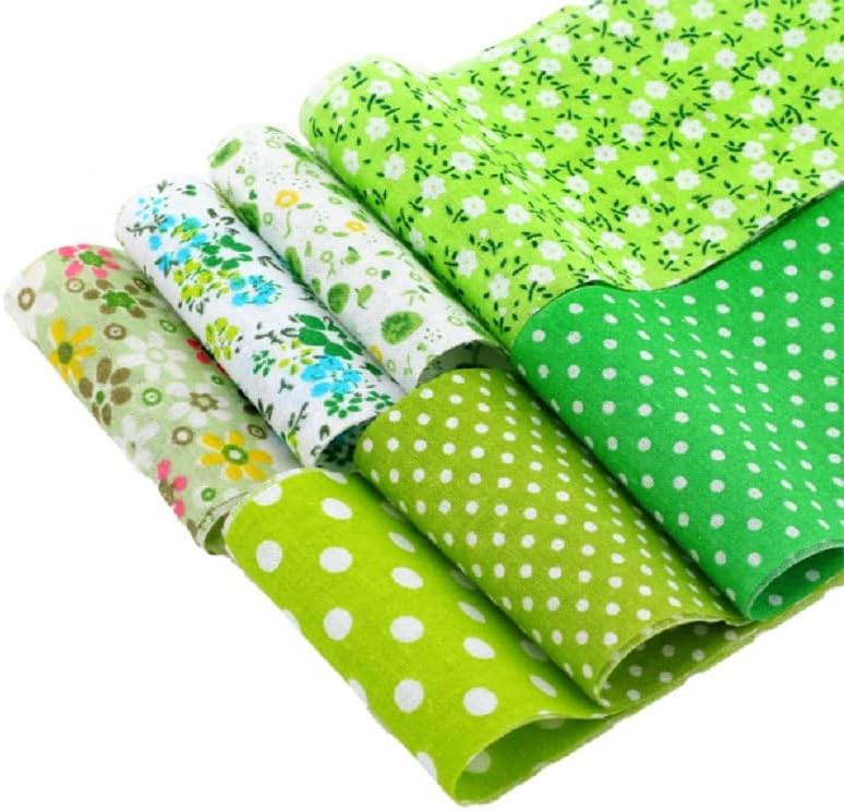 7Pcs Top Green Cotton Craft Fabric Bundle Squares Patchwork DIY Sewing Scrapbooking Quilting Floral Dot Pattern Craft and Hobby Fabric 10" x 10" (25cm x 25cm)